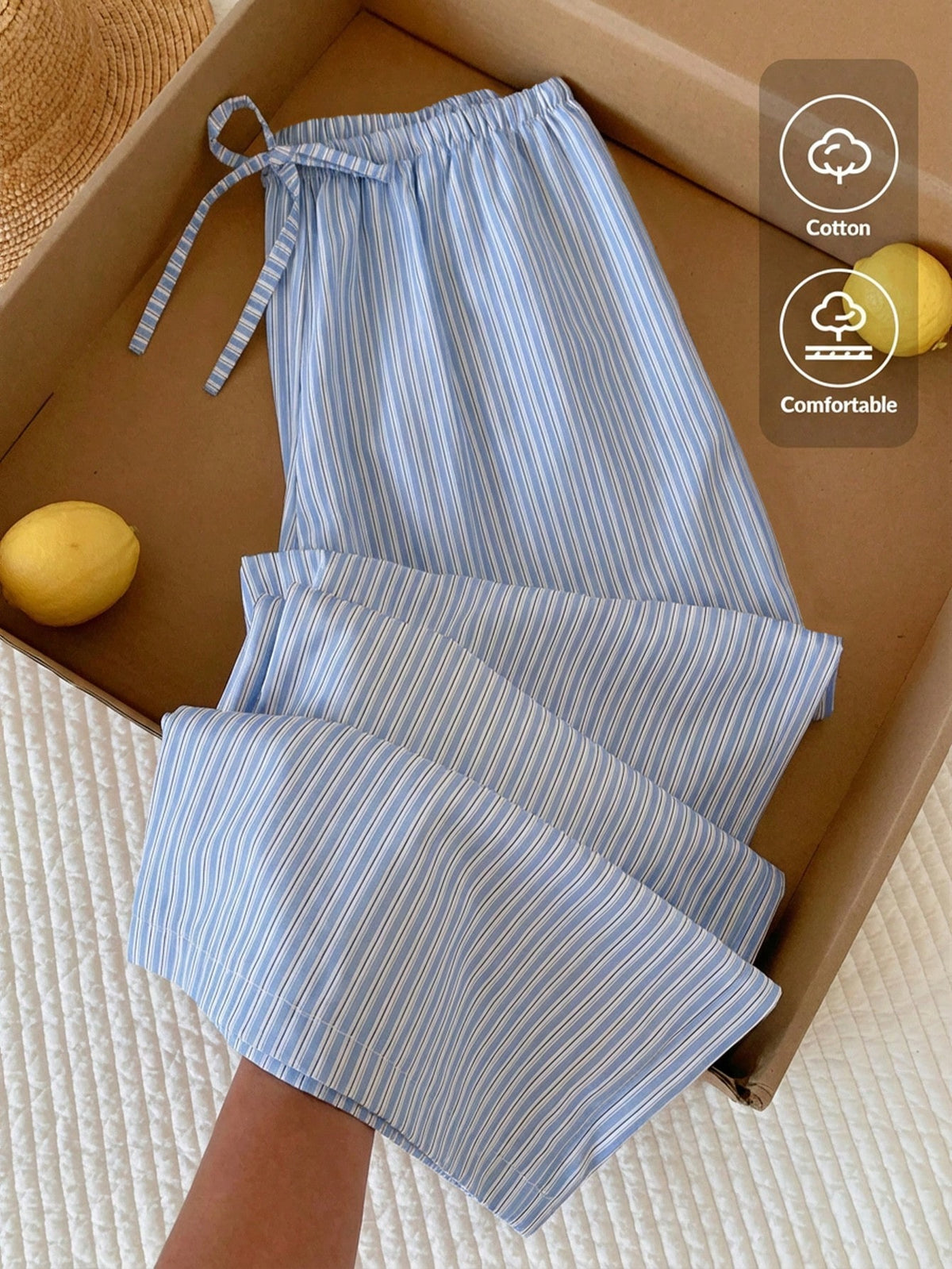 Comfortcana Women's Casual Blue Striped Cotton Drawstring Waist Wide Leg Pants, Suitable For Daily Commute, Vacation, Y2K Style, Spring/Summer, Valentine's Day