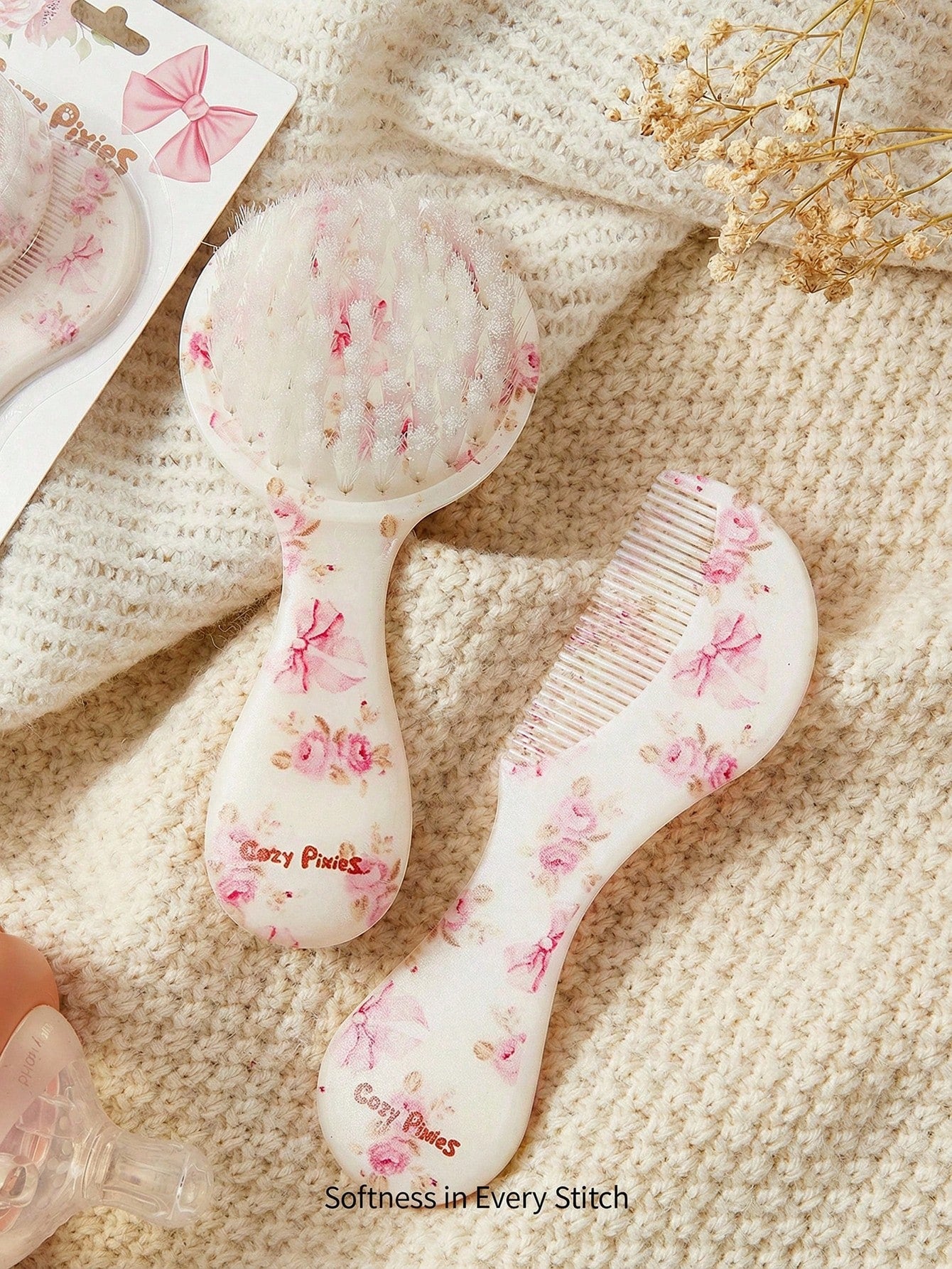 Cozy Pixies 2-Piece Set Of Soft Pink Bow Flower Hair Brush Comb Set, Gently Remove Hair Tangles, Prevent Cradle Scab, And Protect The Baby's Fontanelle At The Same Time.