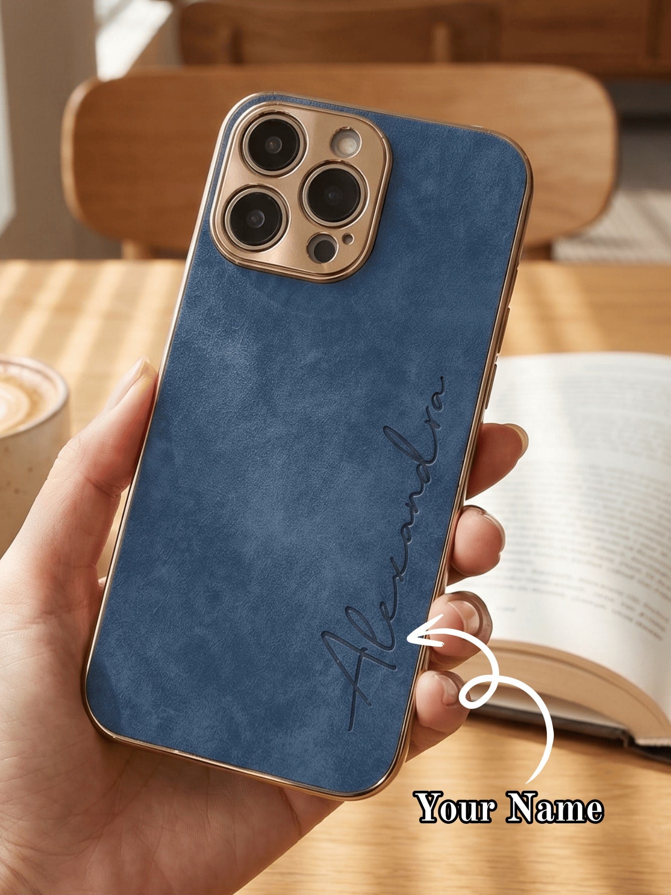 Custom Gold Foil Initials Monogram Faux Leather Phone Case, Electroplated Frame Personalized Engraved Shockproof Protective Cover Compatible WIth IPhone 17 16 15 14 13 12 11 Pro Max Plus, Minimal Luxu