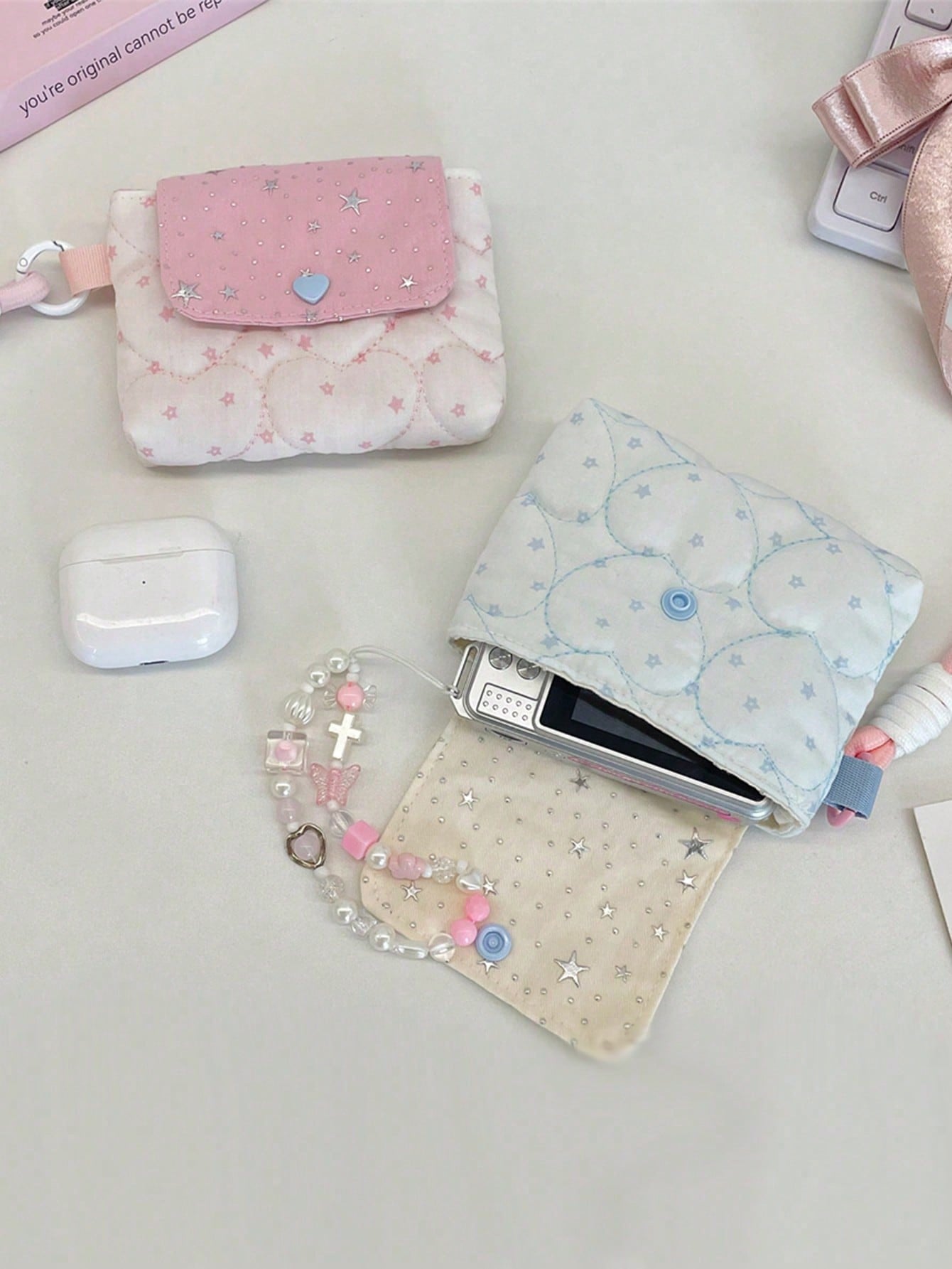 Cute Star & Heart Quilted Camera Bag, Heart Quilted CCD Camera Protective Case, Multi-Functional Storage Bag, Portable Wrist Bag, Snap Closure, Y2K Style Storage Bag