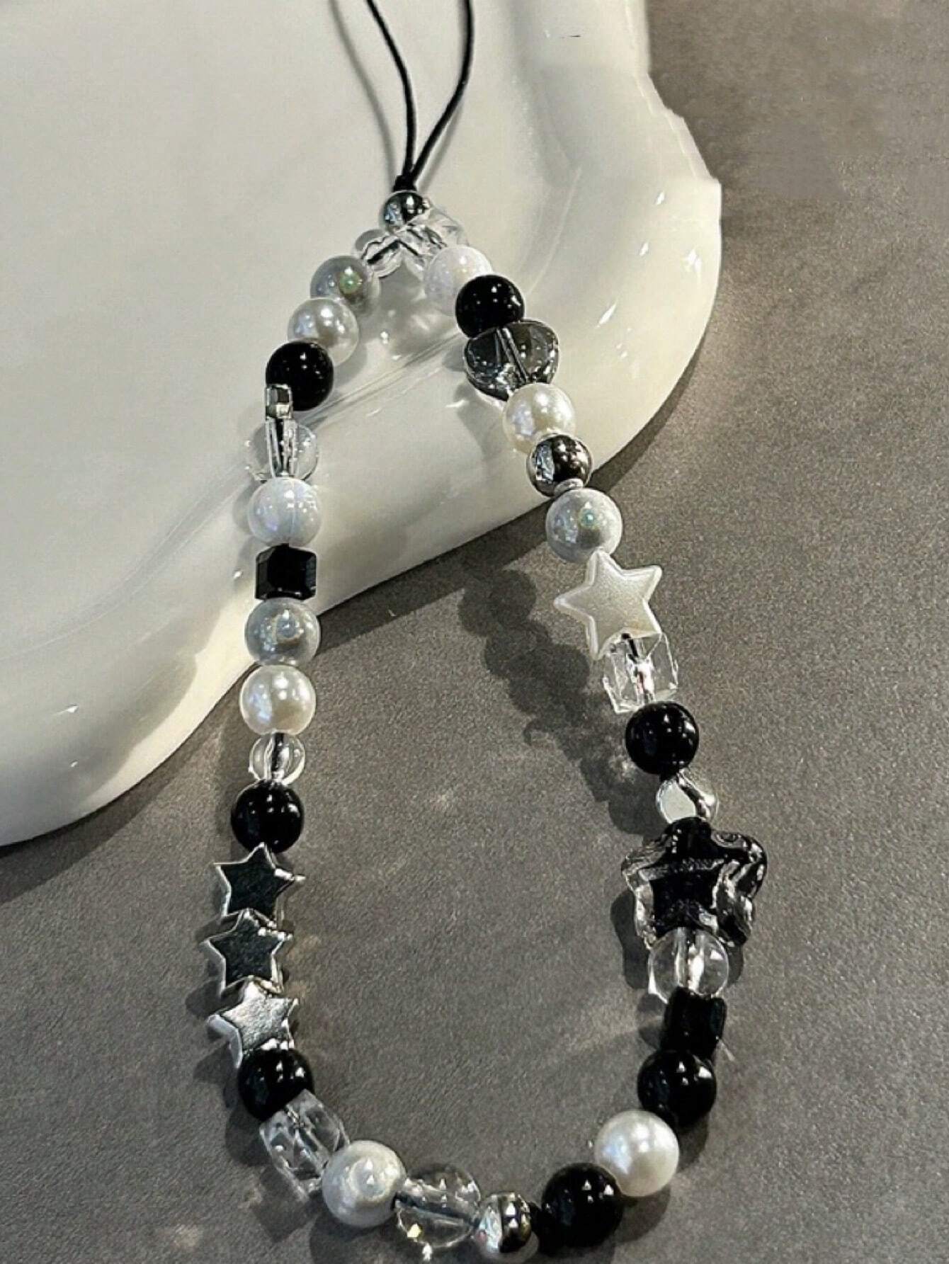 DIY Phone Lanyard, Korean Ins Style Transparent Star Phone Case Chain Strap, Cool Black Sexy Lady DIY Beaded Random Pearl Camera Strap Mobile Phone Anti-Lost Cord, Fashionable Decorative Accessories F