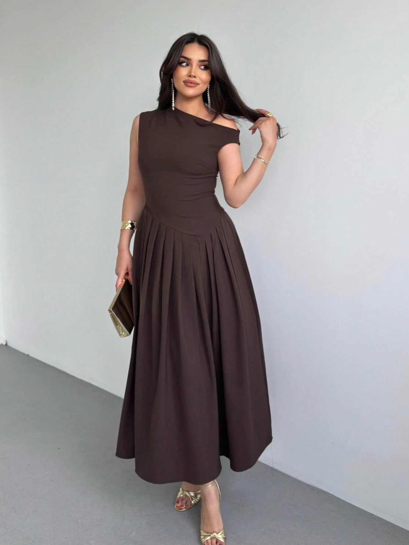 Elegant Women's Square Neck Ruffle Skirt Dress, Bachelorette Party Summer Brown