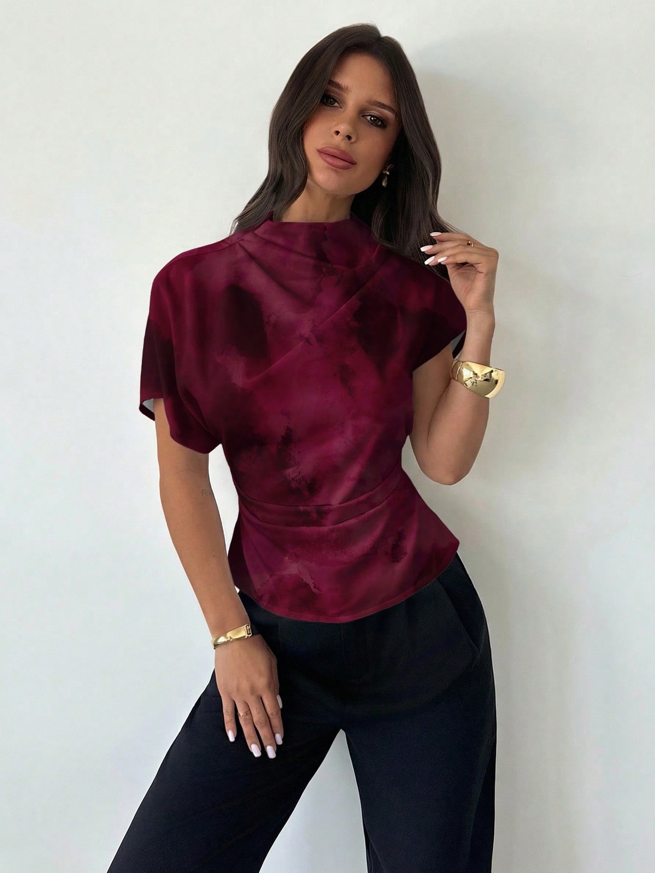 Firerie Wrinkled Collar Asymmetrical Sleeve Side Ruched Cinched Waist Commuter Apricot Bamboo Fiber Linen Blouse For Women, All Season,Summer Top
