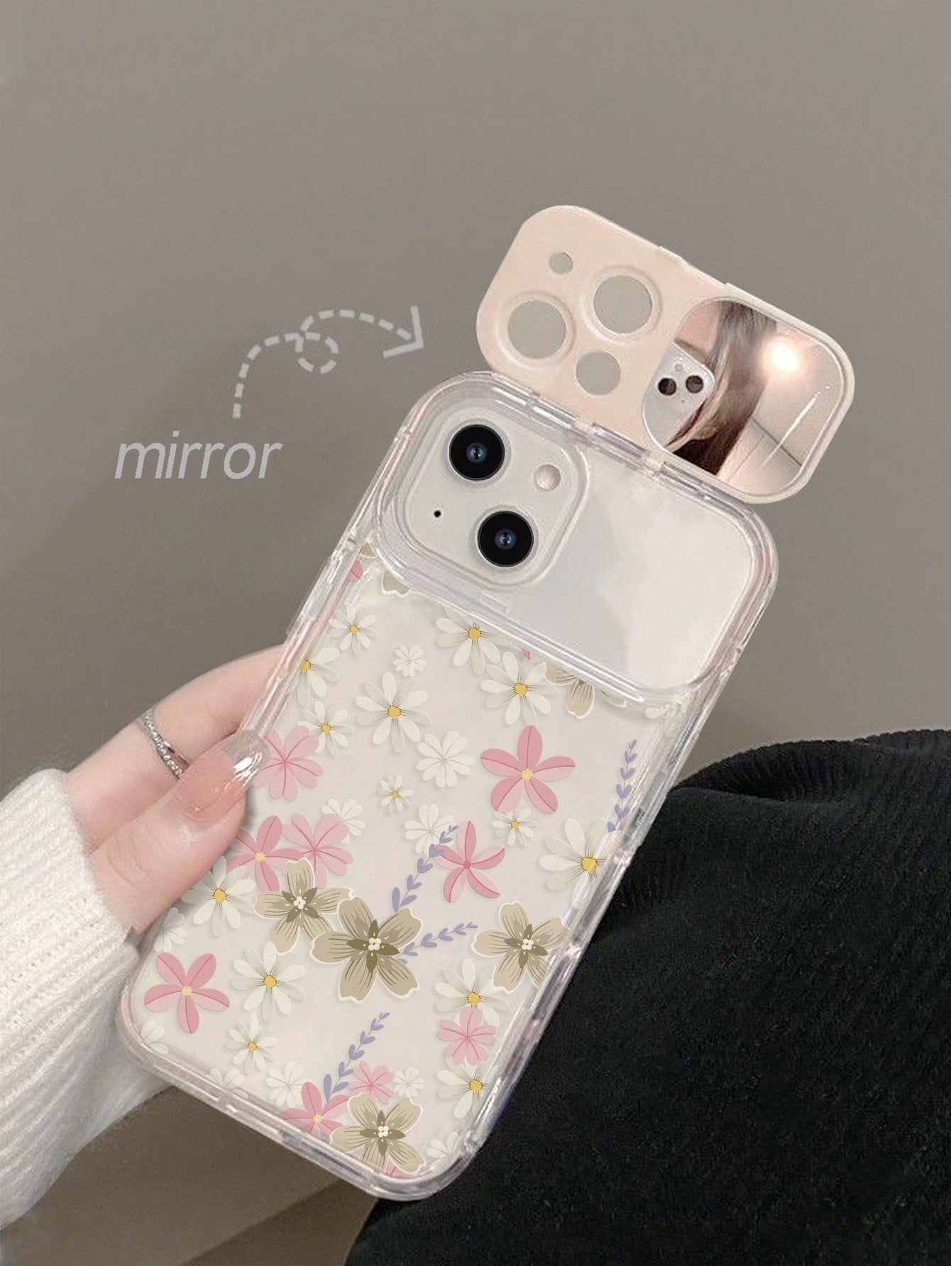 Floral Elements TPU White Pink Stand Phone Case TPU White Pink Floral Elements Stand Phone Case Mirror Elements Sliding Mirror Stand Transparent TPU Flower Phone Case With Mirror Stand Compatible With