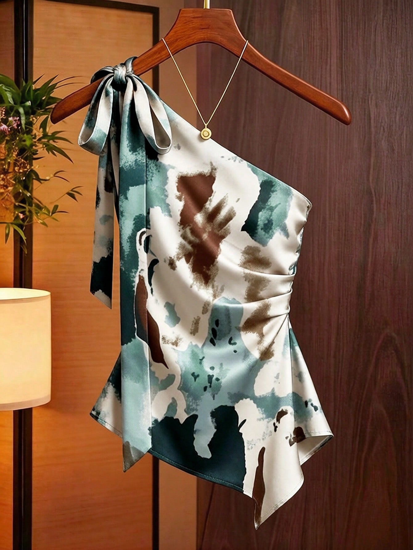 Franclia Caramel Brown Satin Asymmetric Shoulder Bow Decor Blouse,Summer Elegant Party Beige Ruched Fitted Top,Fashionable Niche Design Commuting Shirt