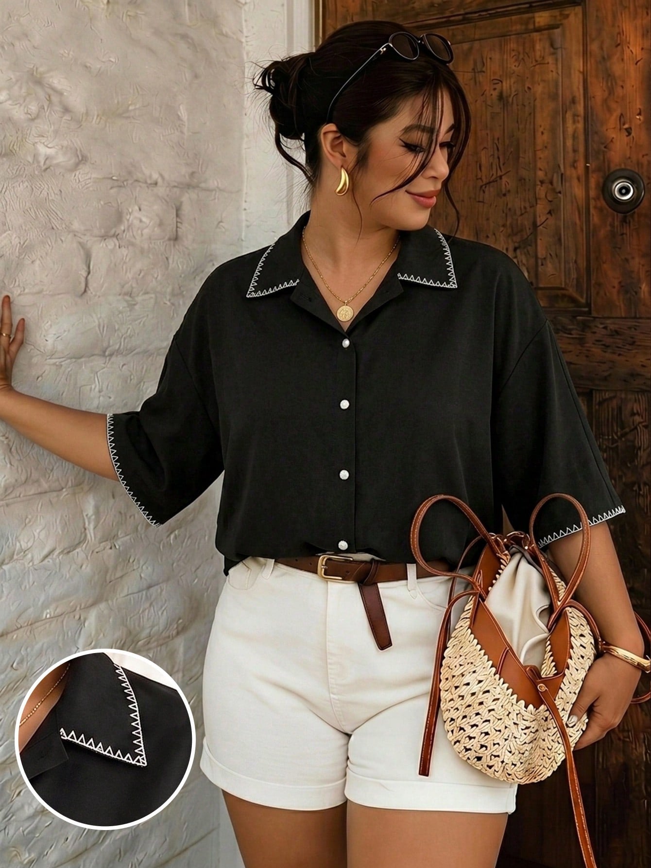 Frenchy Casual Shell Flower Contrast Color Craft Plus Size Women Black Shirt Spring Summer Fall