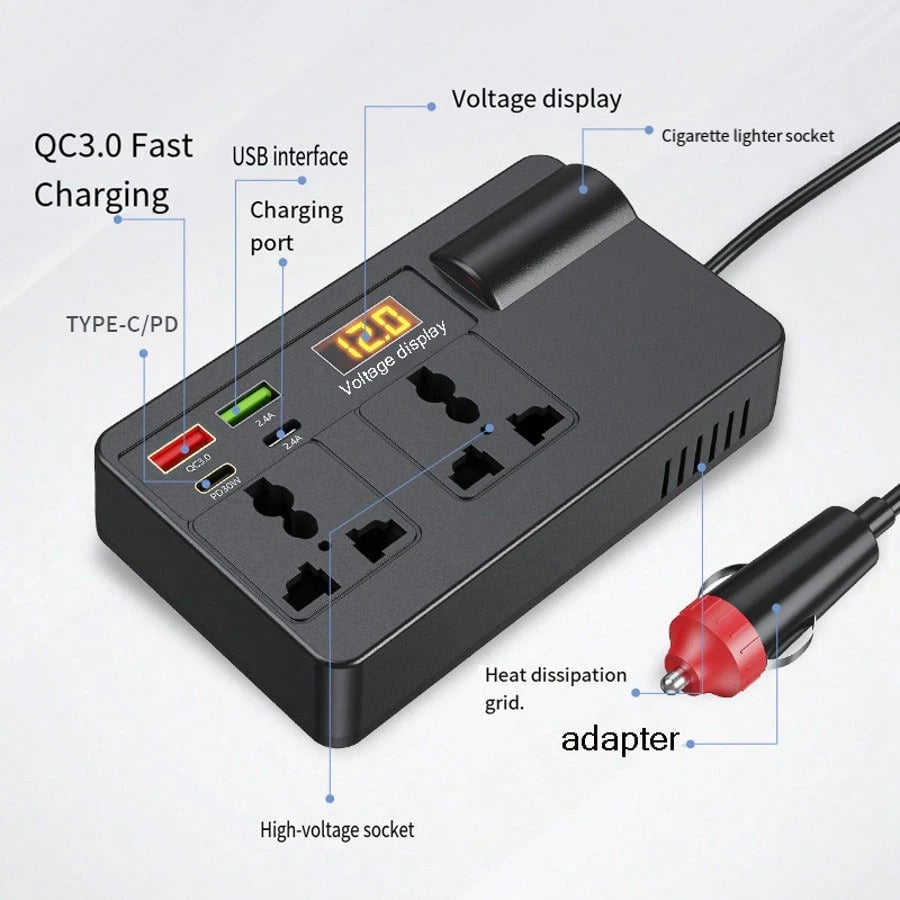 General 12V/24V Automotive Power Inverter, Equipped With 4 USB Ports, Fast Charging, Digital Voltage Display, Intelligent Fast Charging, 200W High-Power Transformer- Automotive Plug, Suitable For Car