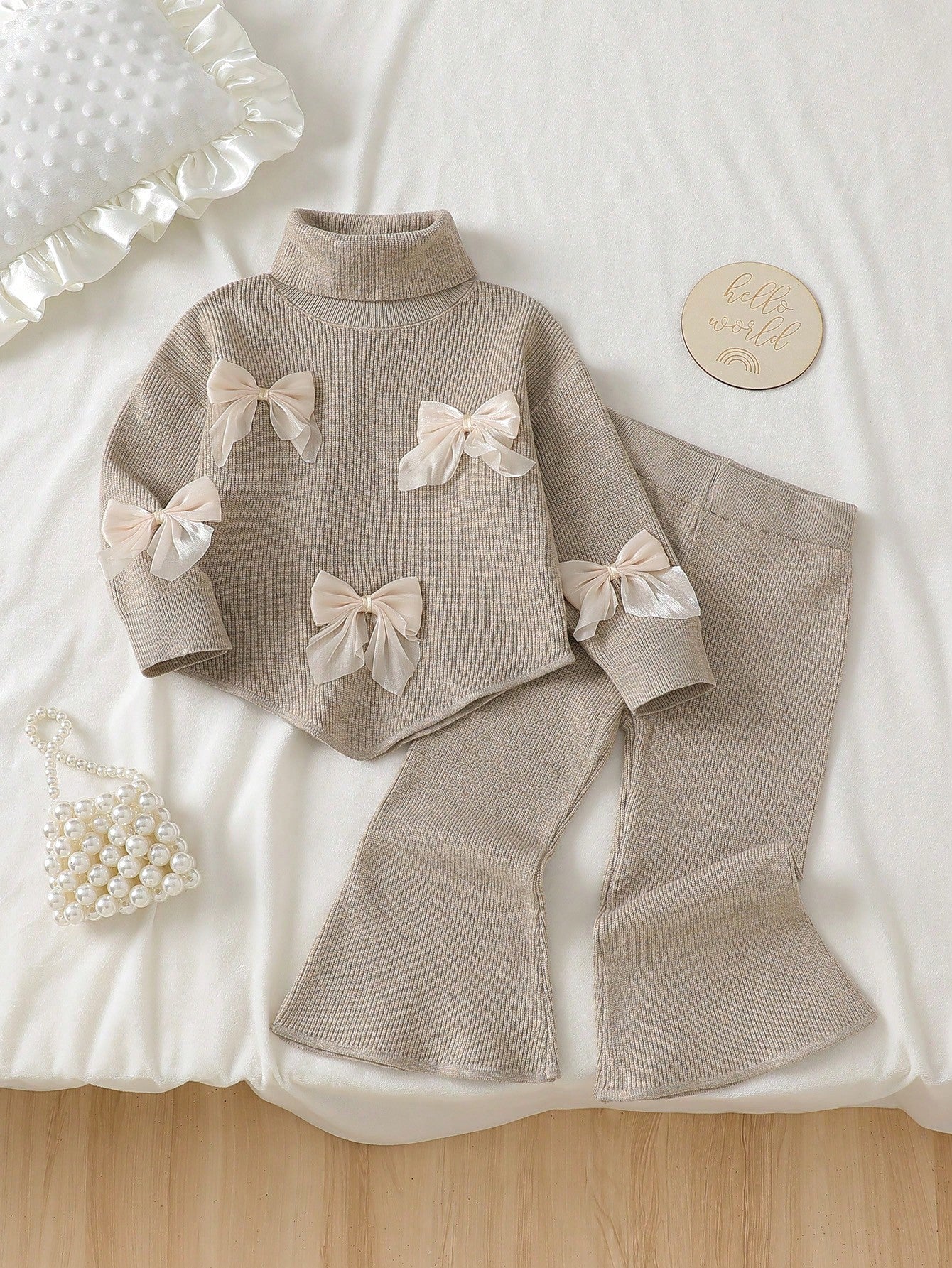 Infant (Girl) Sweater Set, Baby Girl Knitted Long Sleeve High Neck 3D Bow Sweater With Wide Leg Flare Pants, Apricot Color, 2-Piece Set, Elegant And Cute, Suitable For Spring, Autumn, Winter, Soft And