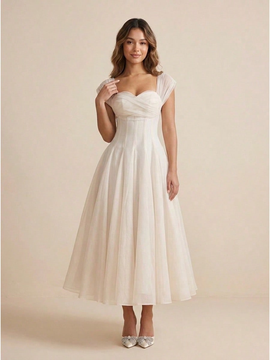 Ivory Chiffon Sweetheart Midi Dress Cap Sleeves Cross Ruched Corset A Line Tea Length Civil Wedding Bridal Gown