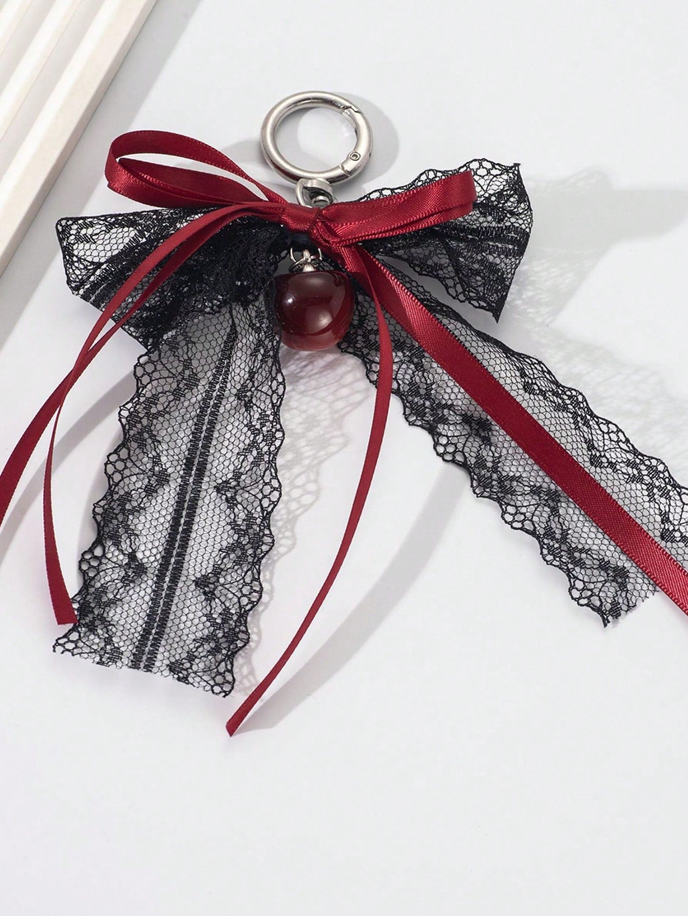Lace Bow Keychain Hollow Red Ribbon Cherry Y2k Fashion Design Charm Delicate Backpack Key Chain Valentine's Day Gift Accessories Fall Burgundy