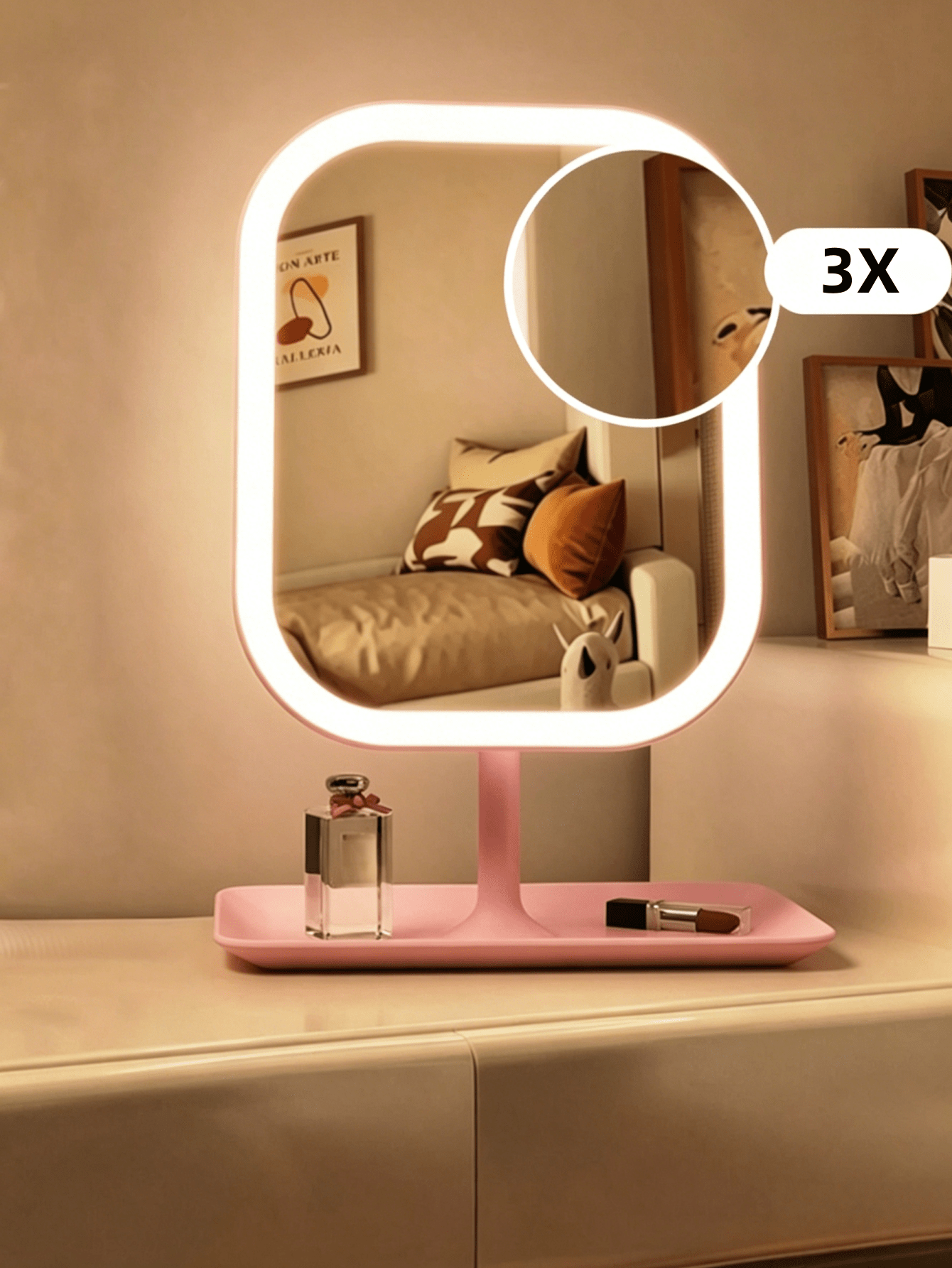 LED Makeup Mirror, Large Mirror Surface, 3-Color Lighting, Dimmable Touch Screen, Optional 3X Magnifying Suction Cup Mirror Set, USB Rechargeable, 360° Rotating, Travel Makeup Mirror With Light, Suita