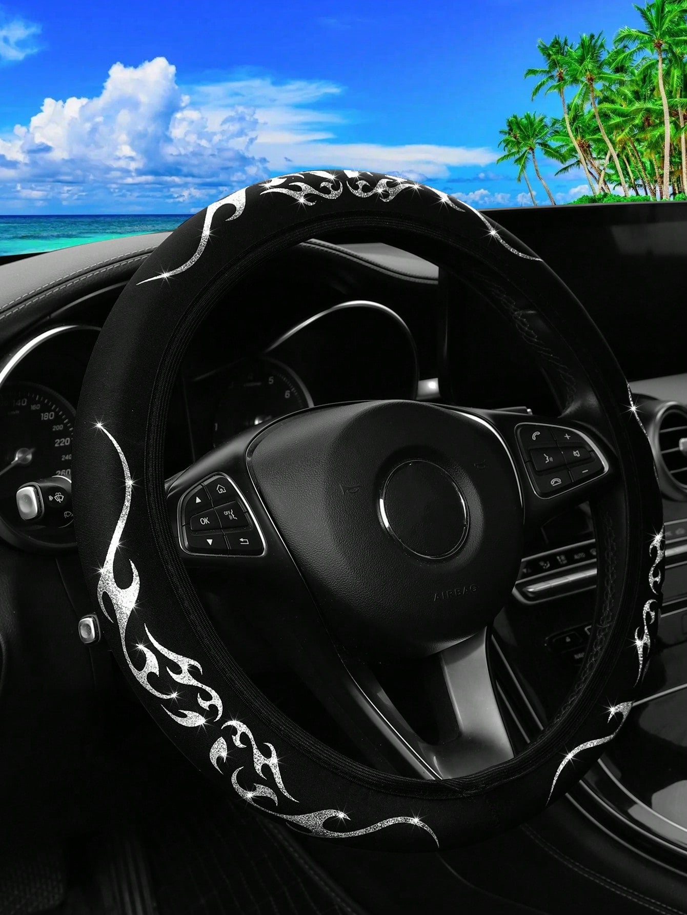 MEIKAXIU 1pc Sparkling Bling-Bling Flame Patterned Dynamic Textile Waterproof & Anti-Slip Car Steering Wheel Cover, Suitable For 14.5-15 Inches Car Accessories
