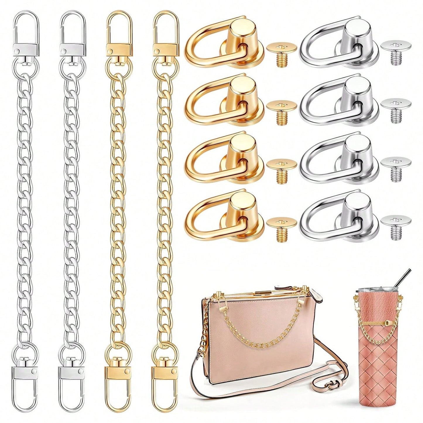 Minimalist Gold & Silver Dual-Tone Thick Cuban Metal Detachable Bag Replacement Shoulder Chain, Matching Screw D-Ring Bottom Stud Hardware Kit, Rust-Proof Anti-Oxidation Wear-Resistant DIY Handmade Le