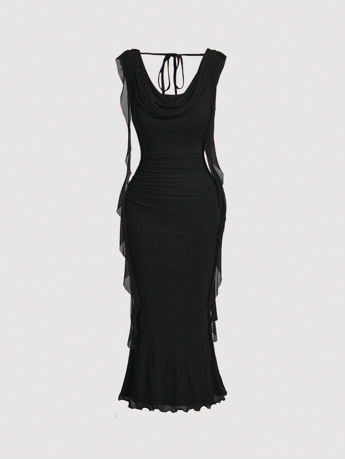 MOD Black Plunging Neck Flowy Tie Waist Cut Out Mid-Length Dress For Women