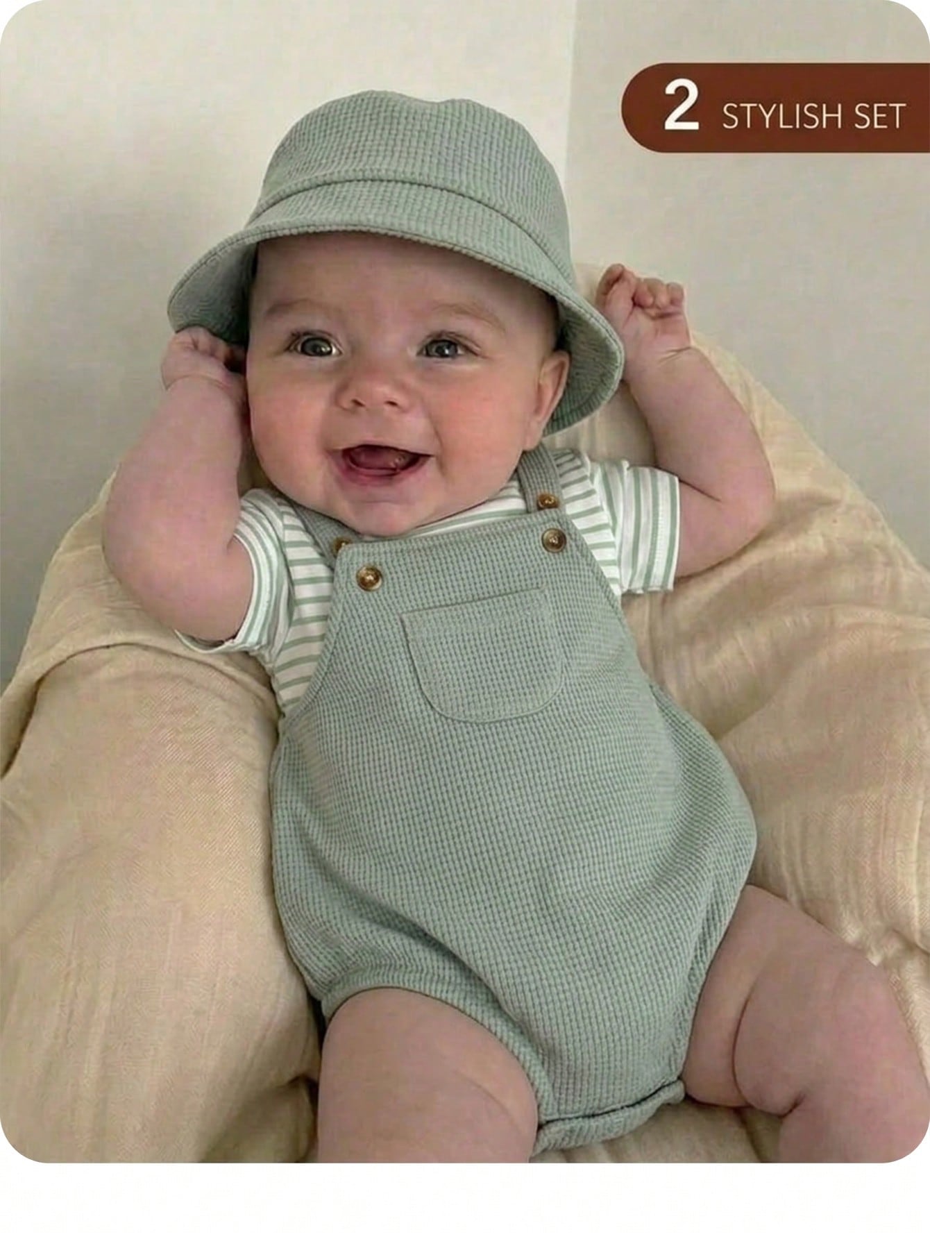 Newborn Baby Boy Casual Cute Striped Short Sleeve T-Shirt And Green Jumpsuit Set