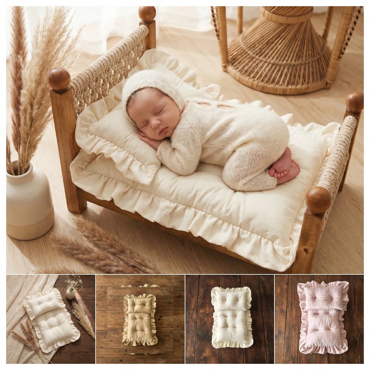 Newbron Photography Props Mattress With Pillow Posing Mat Soft Spandex Lace Rectangle Pillows Bed Mattress Doll Bed Mat Baby Girl Boy Photo