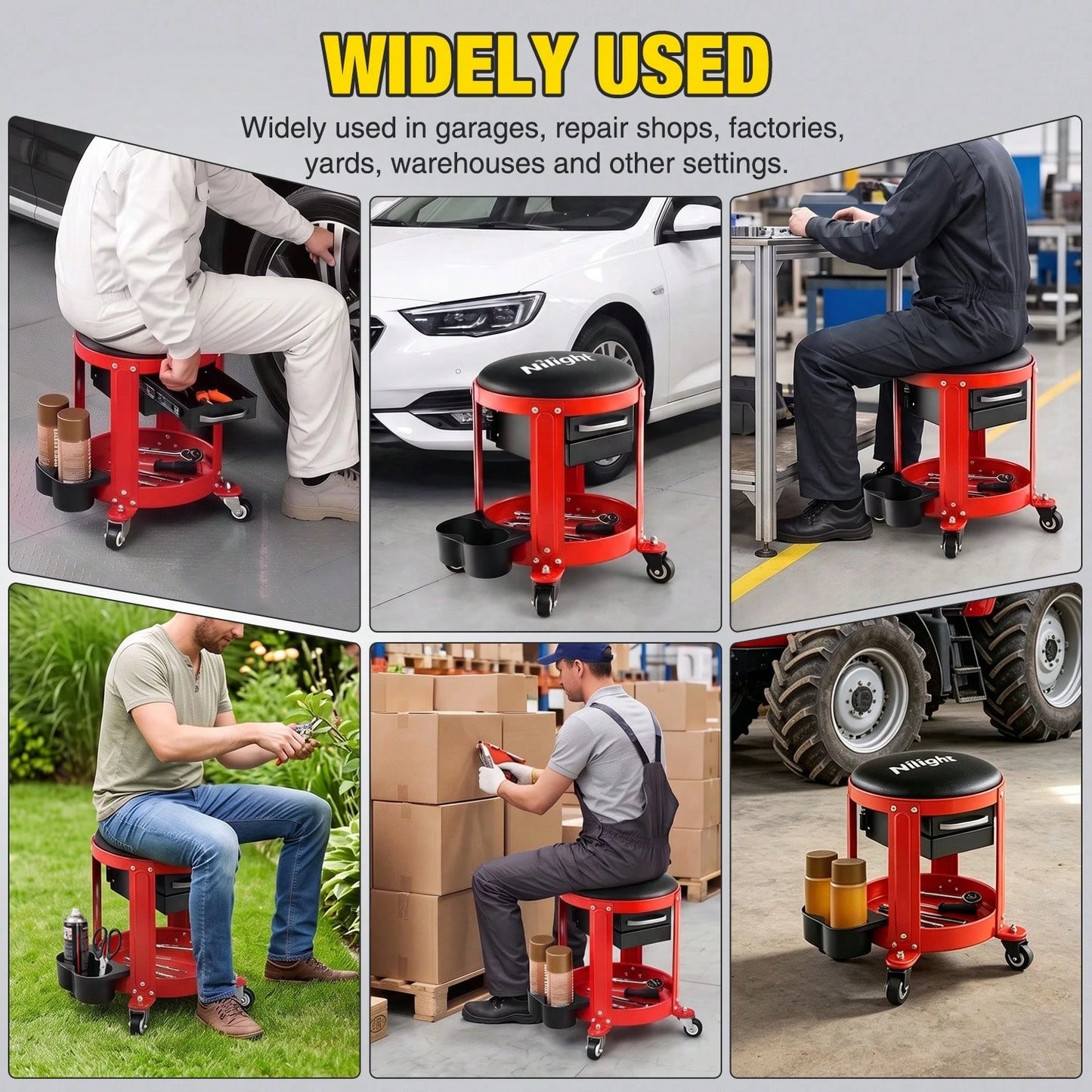 nilight 3-In-1/2-In-1 Z-Shaped Auto Repair Bench With Wheeled Tool Tray And 2 Cup Holder, 300LB Foldable And Adjustable Rolling Garage Seat With Two Drawers, Features 4 Wheels For Under-Car Repair.