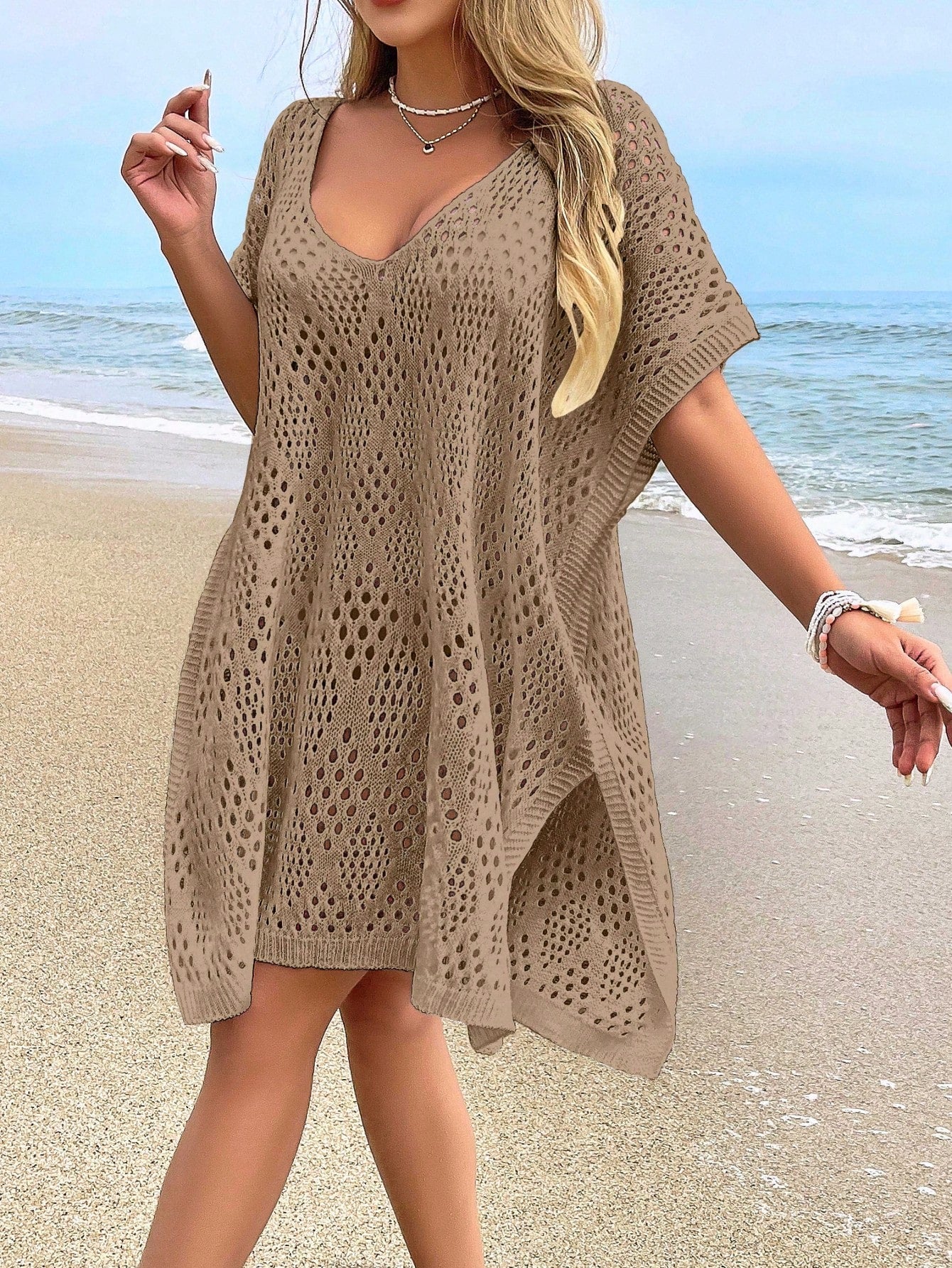 NZZOF Women's Fashionable Casual Cover-Up Kimono, Hollow-Out Design (Swimsuit Not Included) Vacation Beach Summer