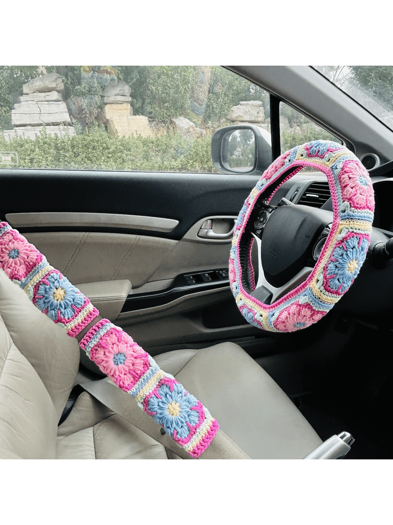 onEternal Handmade Crochet Colorful Galsang Flower Steering Wheel Cover And Seat Belt Cover Car Decor Set