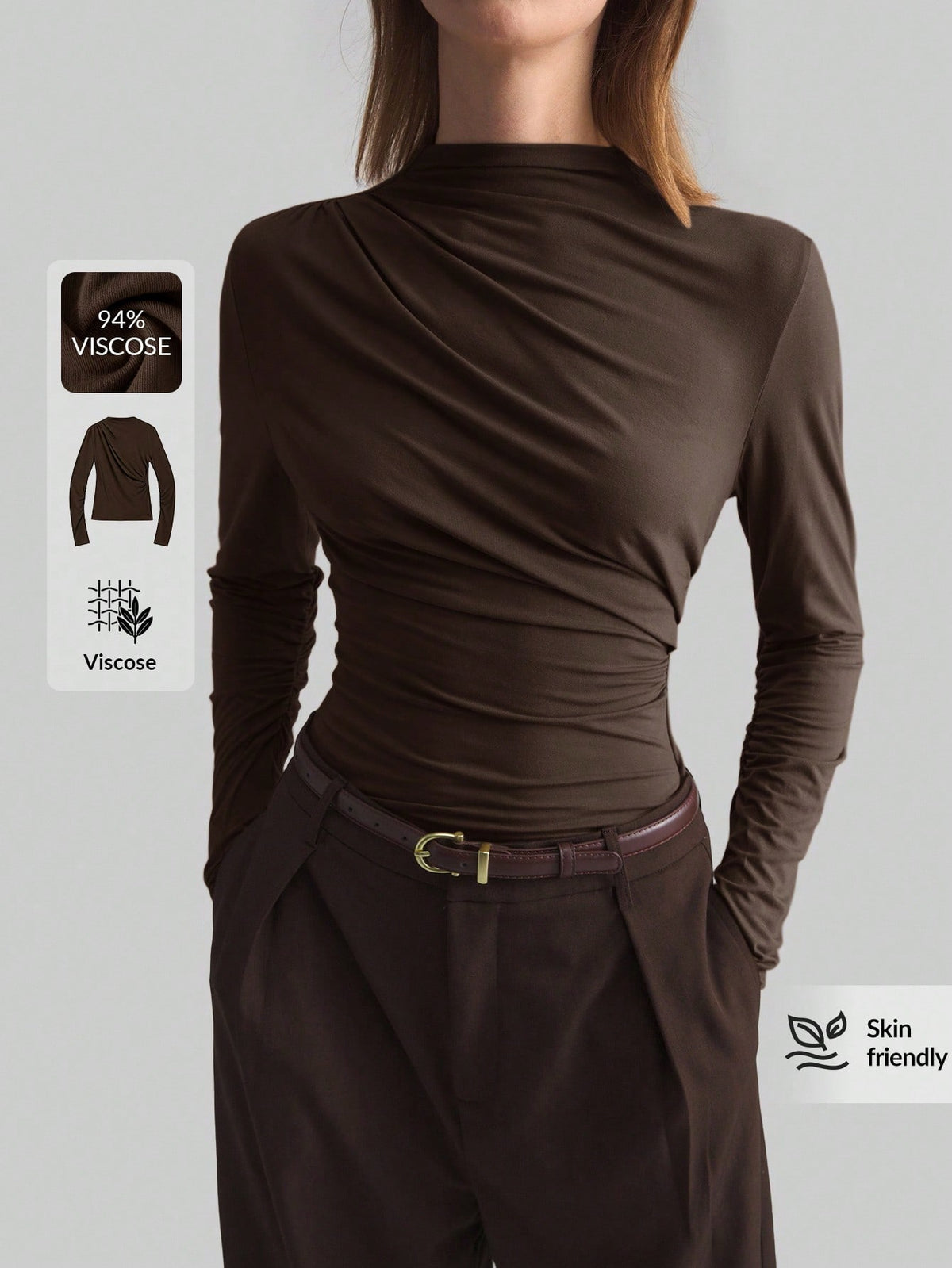 Ontre Women Elegant Dark Brown Autumn Office Wear,2026 Spring/Summer Asymmetric Pleated Collar Long Sleeve Minimalist Urban Business Casual Viscose Blouse