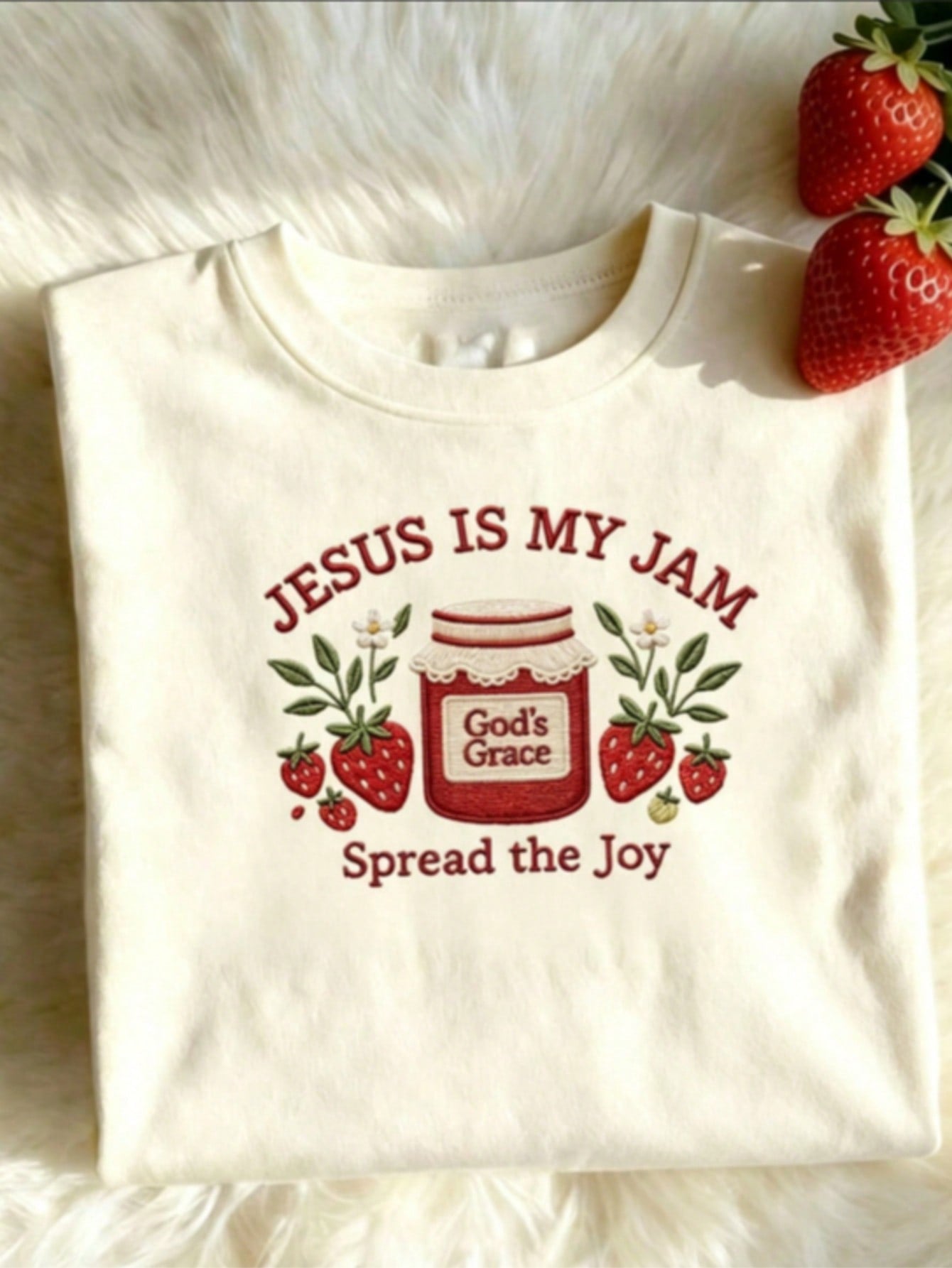 Oversized Tee Summer Casual Tee Women's Casual Strawberry Jam Print Round Neck Short Sleeve T-Shirt, Summer Outfit With Vibrant Floral Print, Faith
