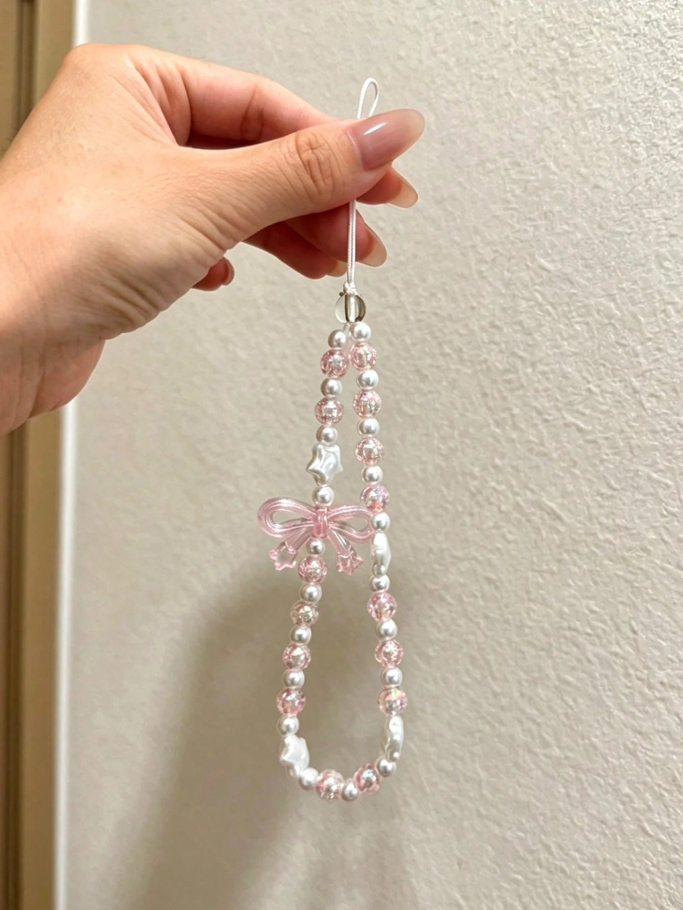 Pink Glitter Crystal Bow Star Thin Cord Phone Lanyard, Pearlescent White Baroque Pearl Metal-Free Short Wrist Chain, Ultra-Fine White Nylon Direct Install Girly Anti-Lost Phone Strap, Coquette Sweet D