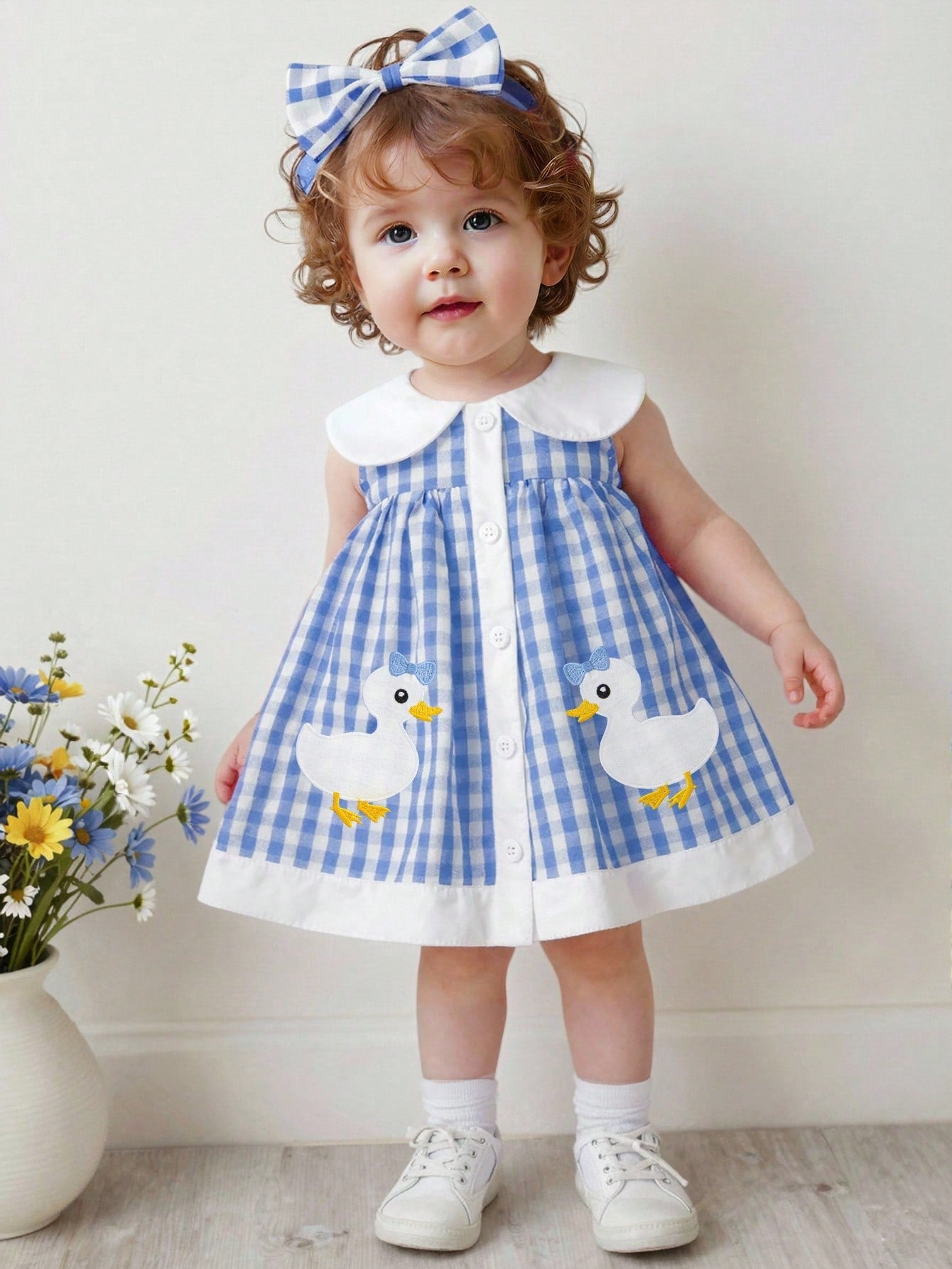 Playful Pals Baby Girl Summer Woven Dress, Blue Gingham Plaid Princess Cute Duck Embroidery Sleeveless Mid-Length For Casual Vintage Outdoor Party Holiday