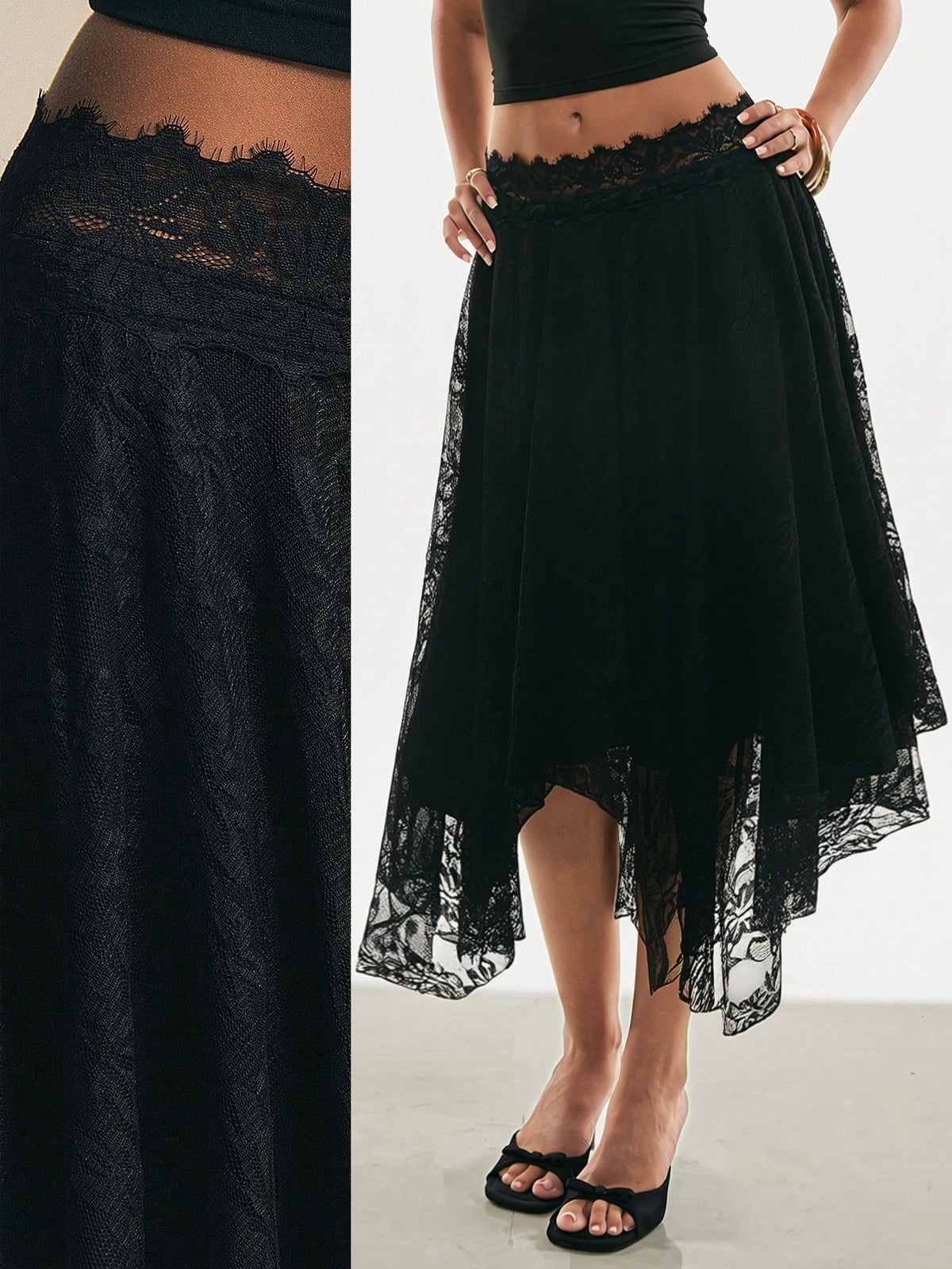 Poéselle Women's Black Floral Autumn Elegant Goth Date Night Party Lace Midi Skirt, High Waist Asymmetrical Hem Flowy A-Line Skirt, Minimalist Solid