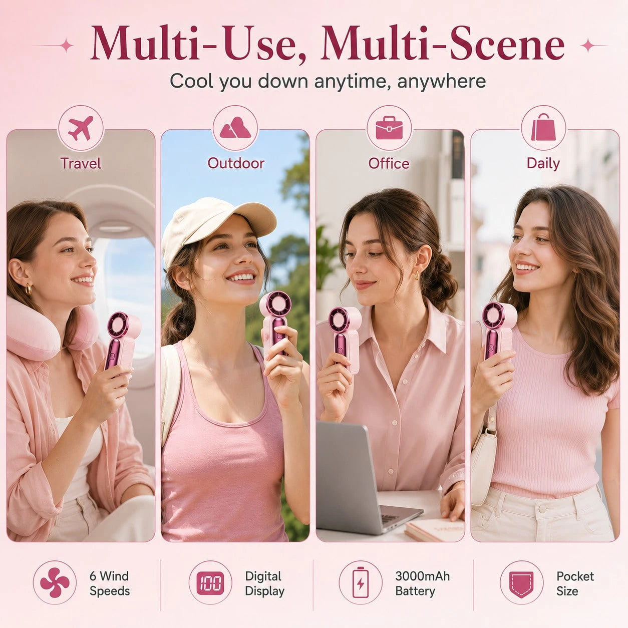 Portable Handheld Mini Fan, 6 Speeds 16900 RPM High Velocity Personal Fan With LED Display, USBRechargeable, Mini Fan With Lanyard For Makeup, Travel, Outdoor For Women Girl Gift