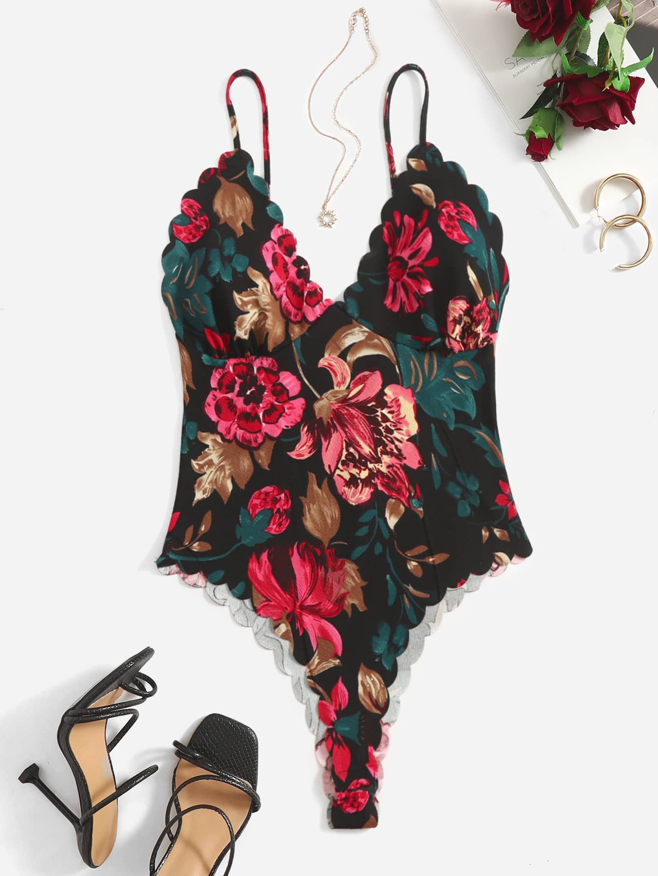 Privé Allover Floral Print Scallop Trim Cami Bodysuit