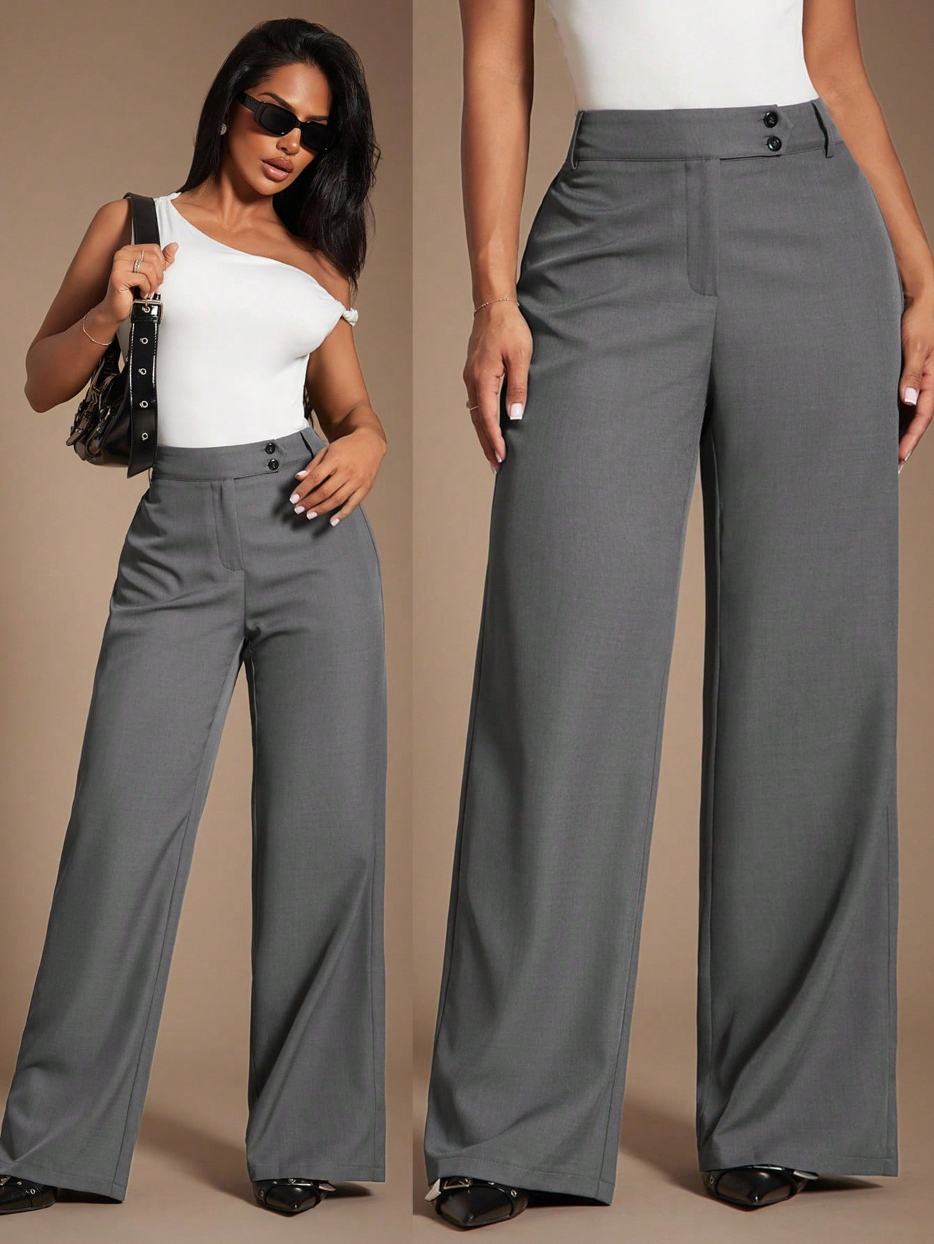 Radiana Women's Gray Woven Fabric Extra Long Straight Leg Pants For A Chic And Polished Look Office Work Summer Business Casual Elegant