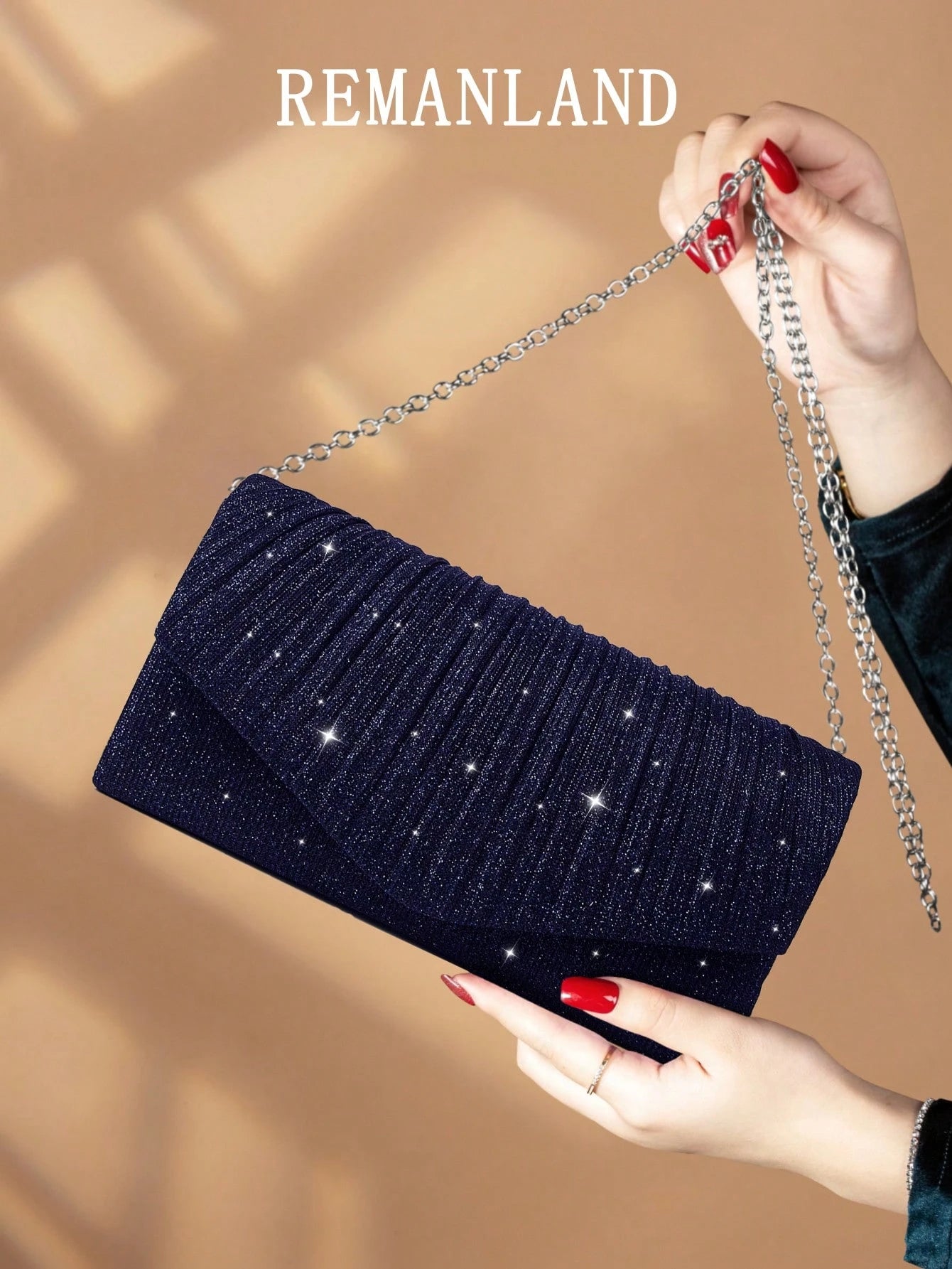 REMANLAND 1pc Shiny, Pleated Women's Handbag, Envelope-Style Clutch Bag With Hidden Card Slots And Compartments, Detachable Metal Chain Shoulder Strap, Wedding Items