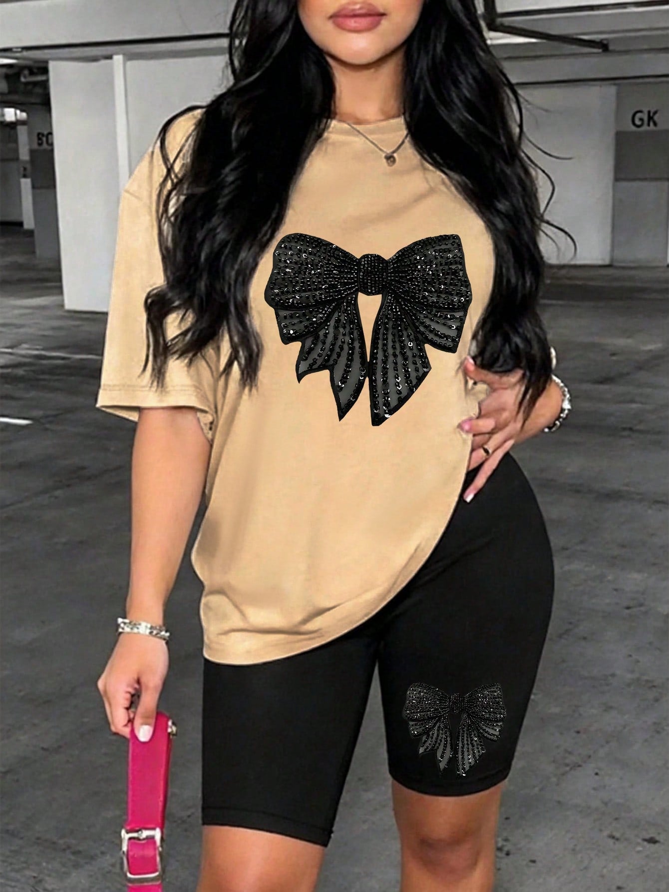 Rovax Women's Summer Casual Commuting Mesh Patchwork Sequin Bow Loose Shoulder T-Shirt And Cycling Shorts 2-Piece Set