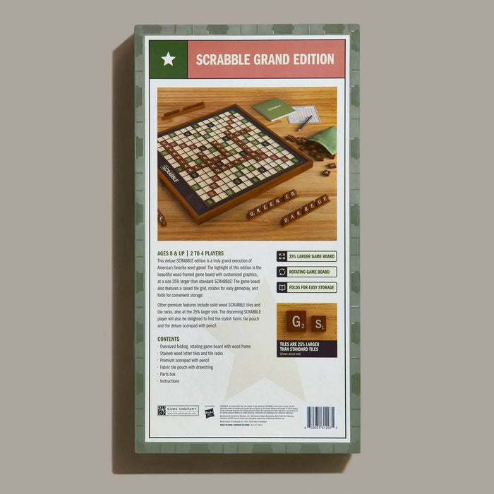 Back of Scrabble Grand Edition packaging on a beige background