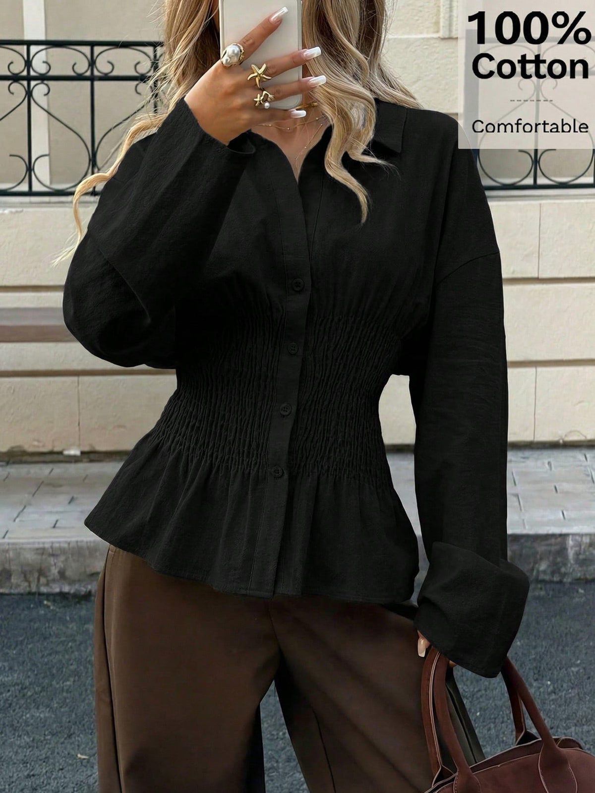 Siren Gaze Women's Casual Solid Color Long Sleeve Shirt, Cotton Waist Fitted Blouse, Office Wear Shirt Elegant
