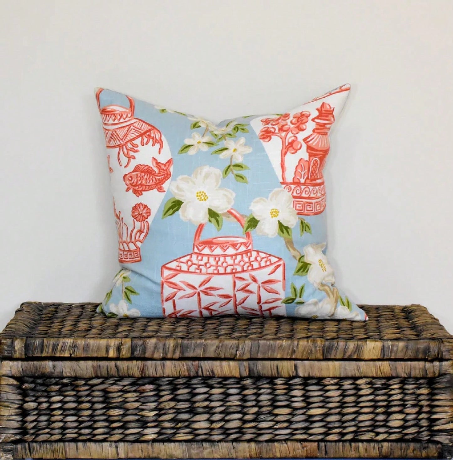 Sky Blue And Coral Chinoiserie Pillow Cover Asian Toile Lantern Blossom Cushion Cover Chinoiserie Chic Pagoda