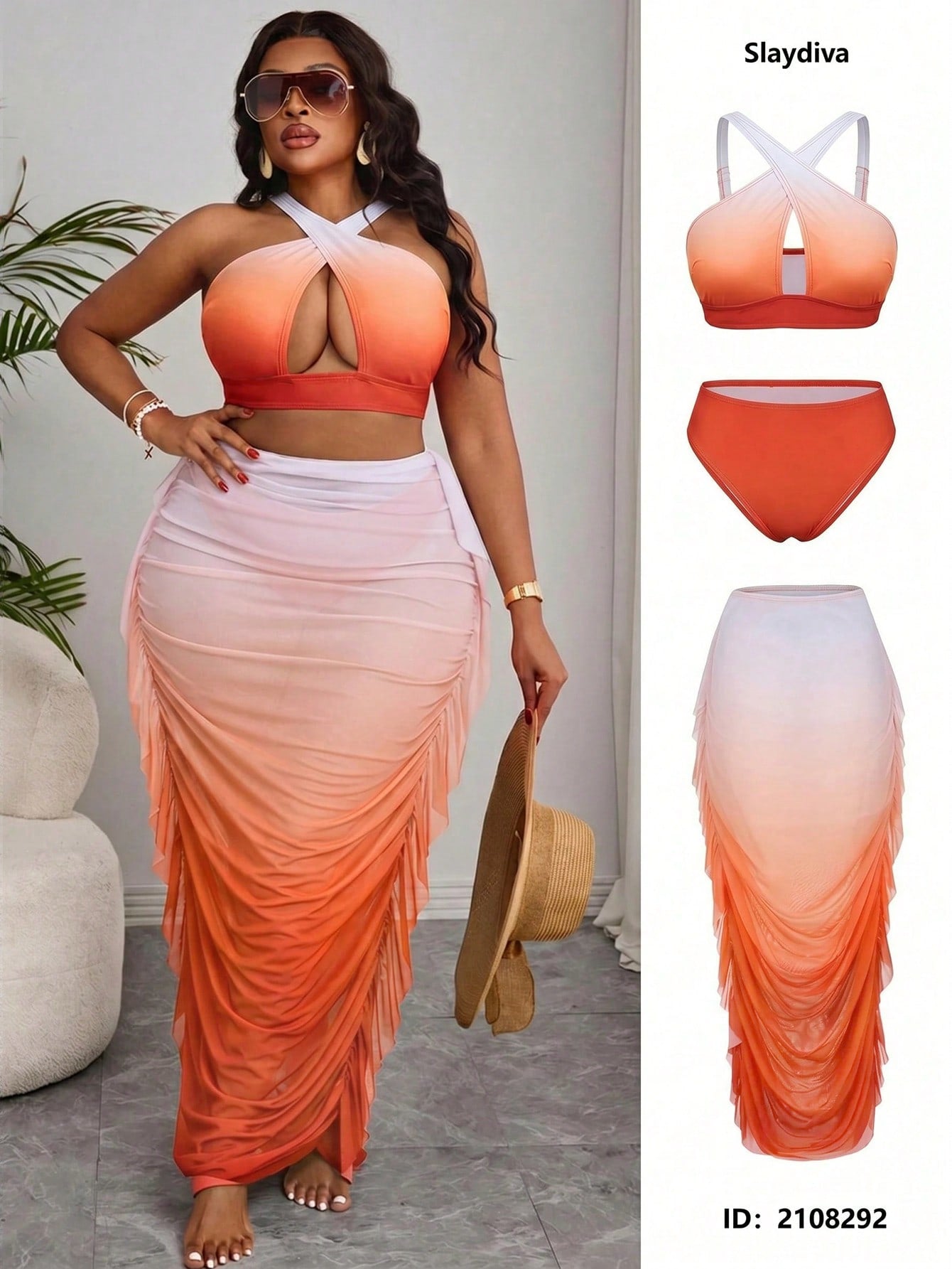 Slaydiva Plus Size Vacation Beach Gradient Bikini Swimsuit With Ruffle Cover-Up Skirt Set