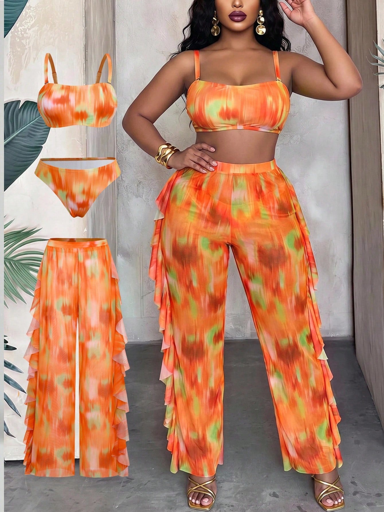 Slaydiva Plus Size Women Tie-Dye Halter Top & Triangle Bottoms Swimwear With Mesh Cover Up Pants 3-Piece Set