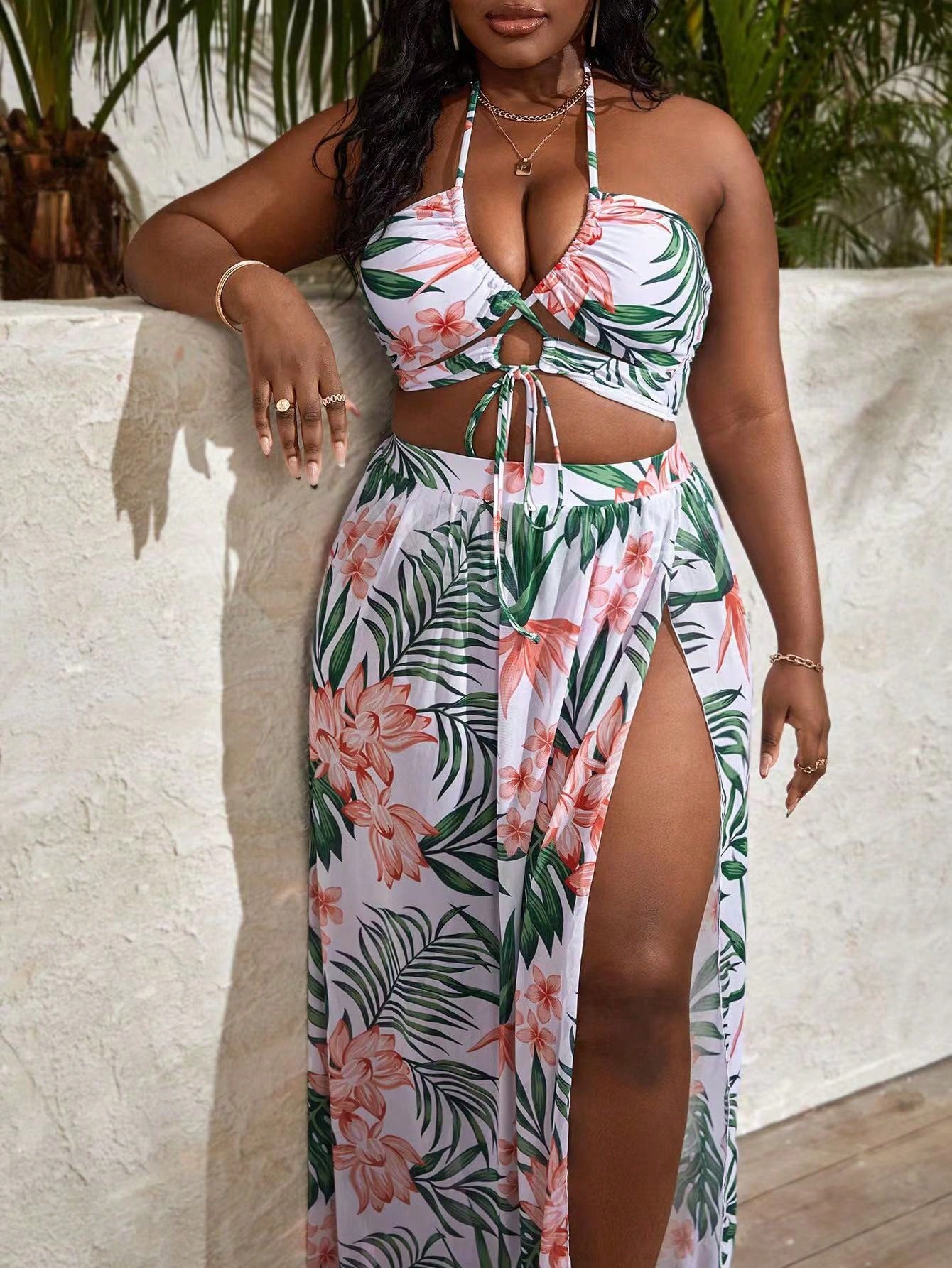 Slaydiva Summer Beach Plus Size Tropical Print Halter Bikini Set With Beach Skirt
