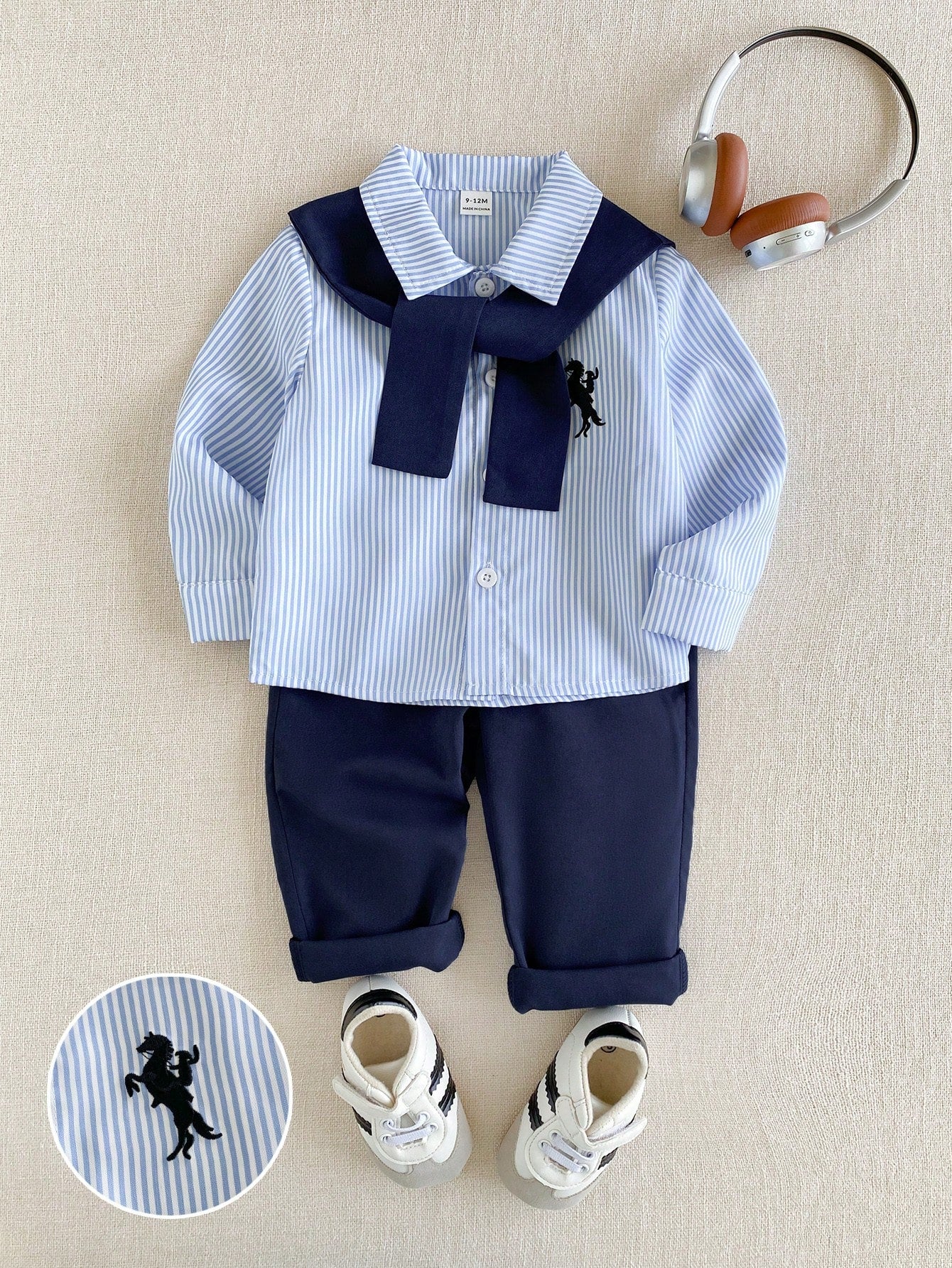 Souflis Souflis 3pcs/Set Baby Boys Blue & White Striped Shirt And Elastic Waist Pants Outfit, Autumn Casual, Parent-Child Matching, With Shawl, Korean Vintage Preppy Style Clothes, 6M-3Y