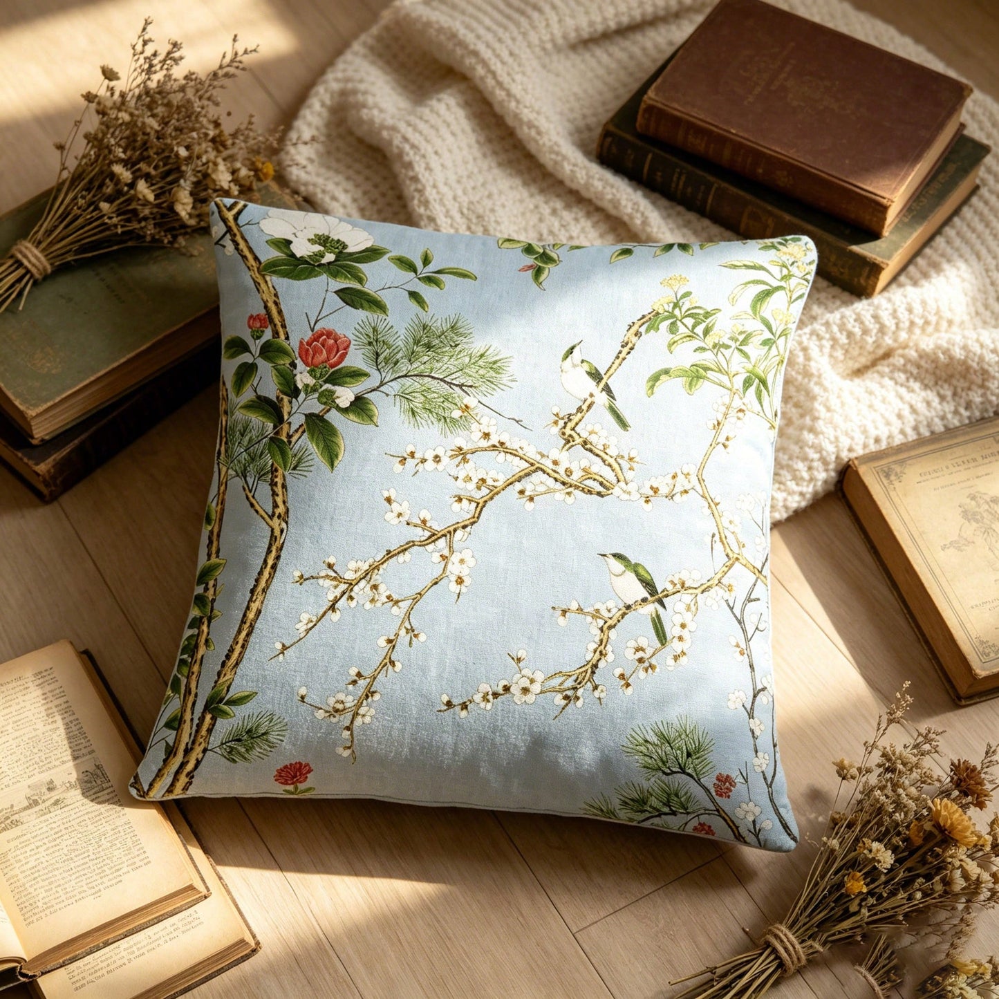 Spa Blue Pillow Cover, Designer Pillows Cover, Chinoiserie Pillows Cover. Soft Blue Chinoiserie Bird And Blossom Decorative Throw Pillow Cover Floral Branch Landscape Pattern Square Cushion Cover For
