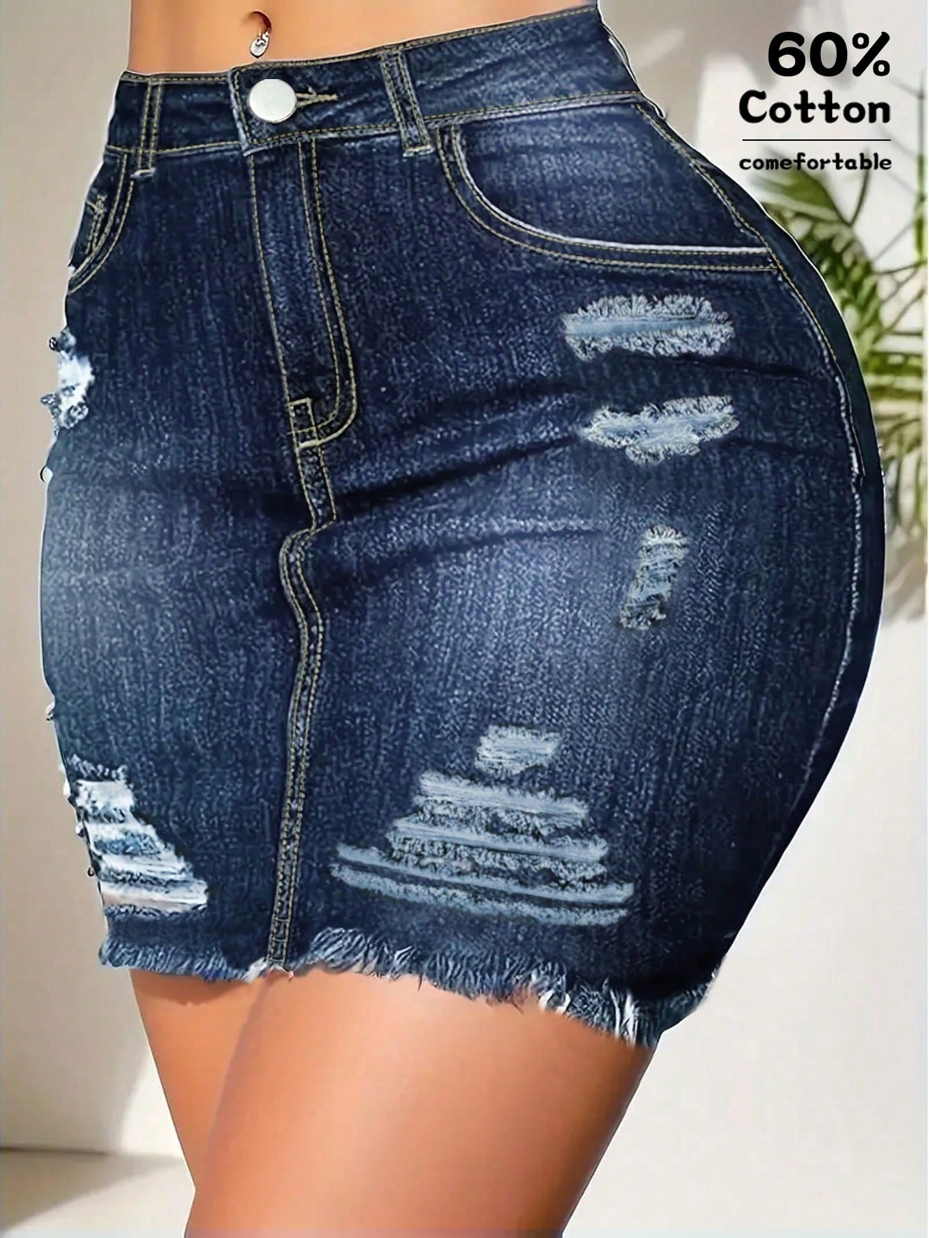 Summer Distressed Raw Hem Elastic Bodycon Denim Skirt Casual