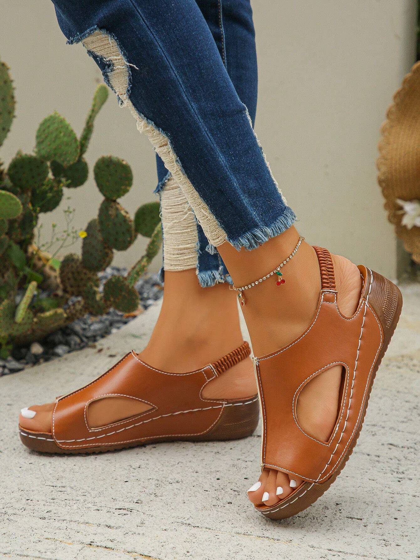 Summer New European And American Fashion Rust Brown Open Toe Comfortable Elastic Band Women Sports Casual Shoes, Suitable For Daily Wear, Outdoor, Beach, Lightweight, Versatile, Platform Wedge Sandals