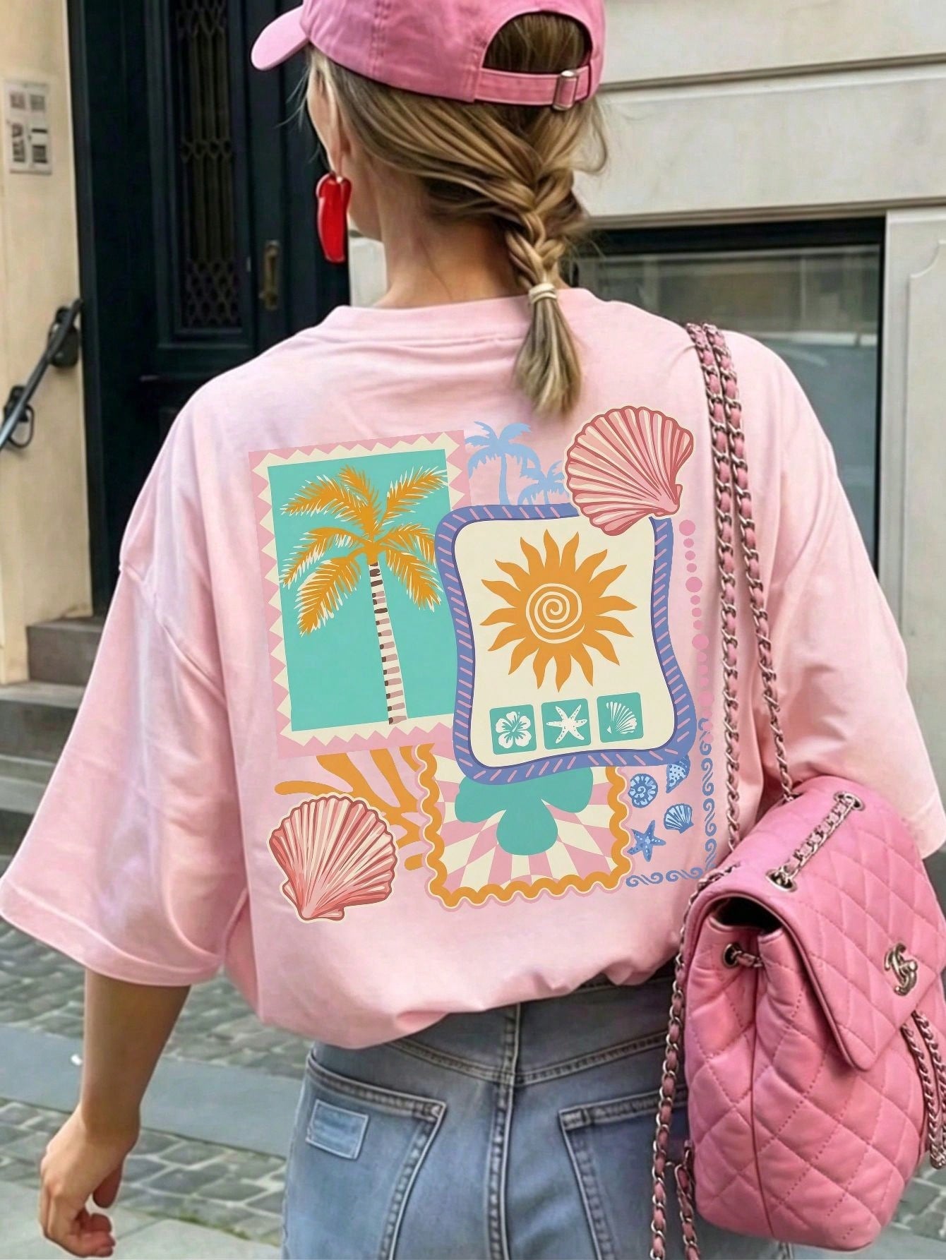 Summer New Fashionable Casual Versatile Sweet Retro Beach Vacation Style Printed Round Neck Short Sleeve T-Shirt For Women Pink