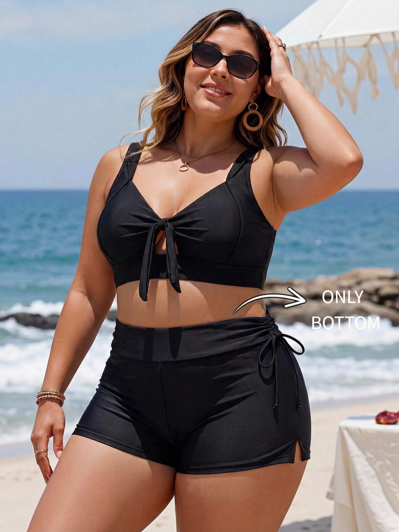 Swim Lushoire Plus Size Women 1 Piece Solid Color Drawstring Waist Tummy Cover Sports Beach Cycling Vacation Bikini Bottom Summer