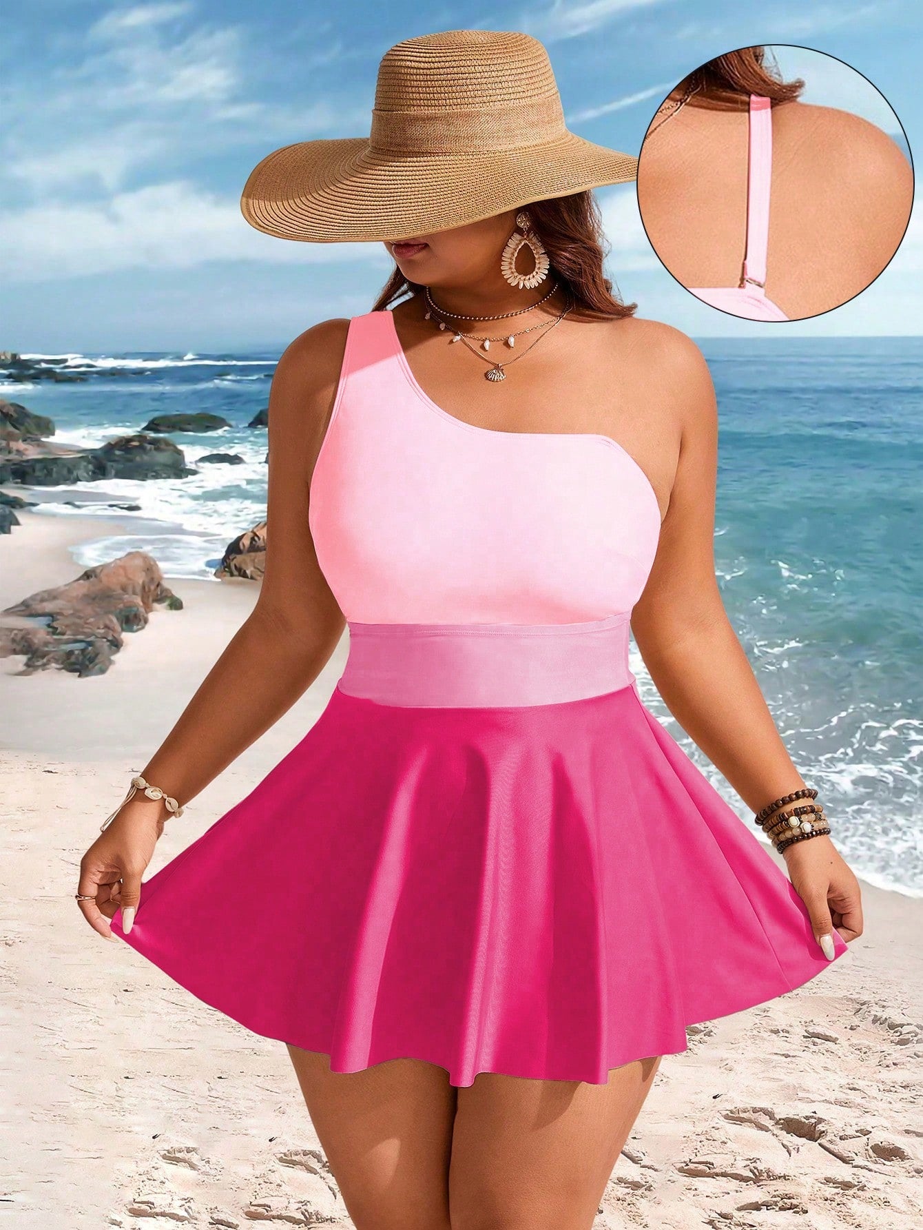 Swim Lushoire Plus Size Women 2pcs Contrast Color One Shoulder Cinched Waist Knee Length Casual Beach Dress Swimsuit