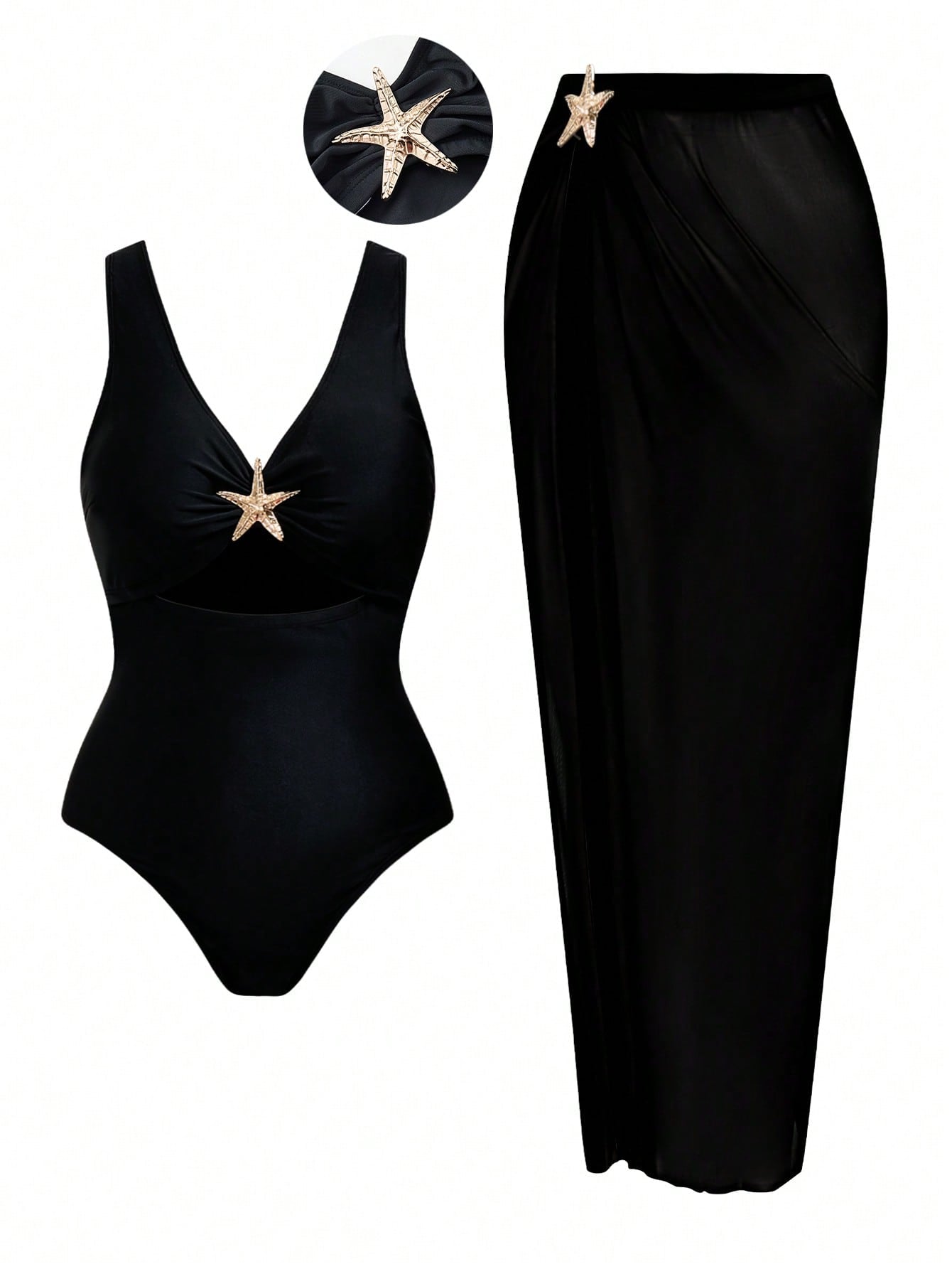 Swim Oasis Plus Size Women's Black Summer Elegant Beach Holiday Swimwear,2 Pieces Hollow Out Starfish Decor One-Piece Swimsuit With Long Split Skirt Cover Up