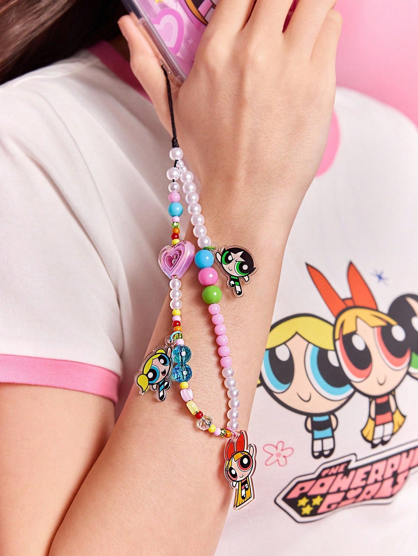 THE POWERPUFF GIRLS X Fashionable & Cute Blossom, Bubbles, Buttercup Pattern Acrylic Handmade Beaded Faux Pearl Phone Lanyard, Colorful Phone Charm Pendant,Y2K