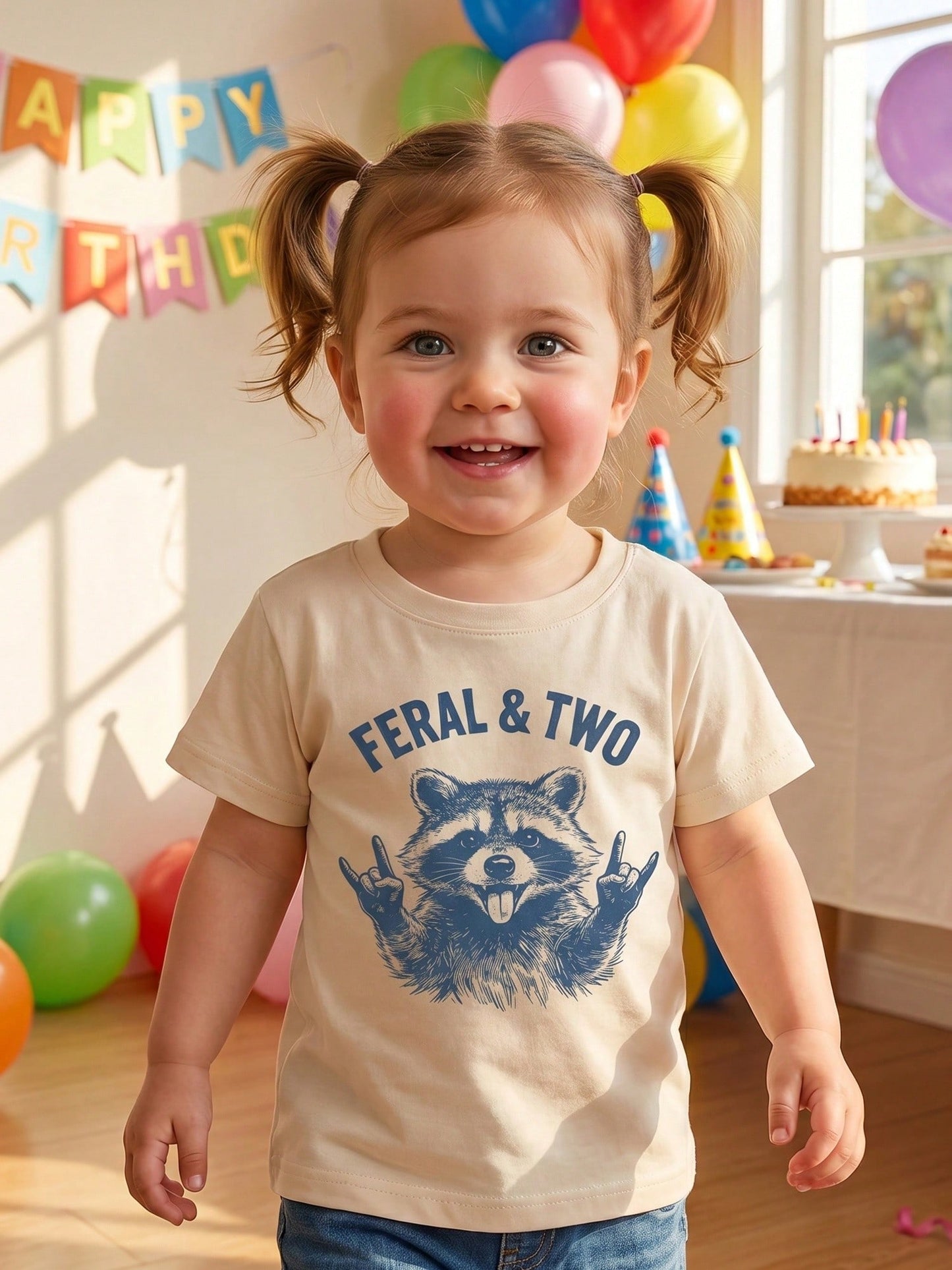 Toddler Boys Girls Birthday Shirts Short Sleeve Round Neck Raccoon Letter Print Tops Loose Fit Clothes 2-4Y