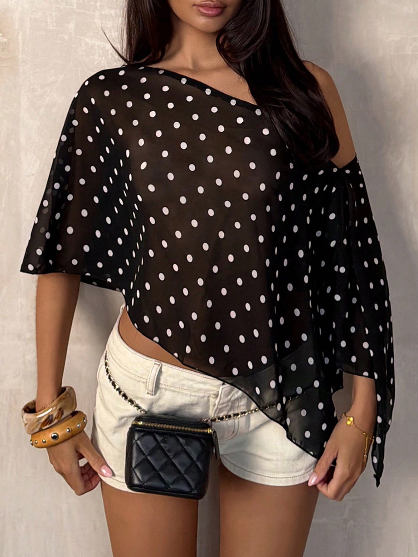 TRNVIE Black Polka Dot Asymmetric Shoulder Mesh Blouse For Women, Spring/Summer Polkadot Top Women Summer Blouse Top Short Sleeve Top Chic Top Summer Tops